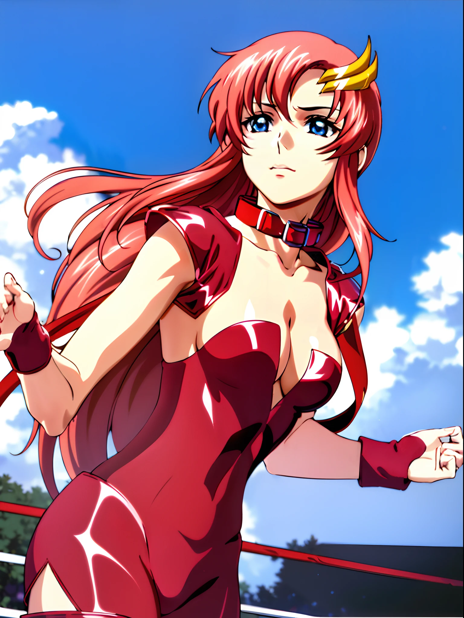 solo, (((red strapless wrestling outfit, collar, red boots))), (upper body view, big mouth, Best Quality, Anime style: 1.9, Adult Woman, (cloud background), Anime, lacus4), 1girl, Solo, 鎖骨, (very long hair, wide bangs, Hair Ornament, Detailed reddish-pink hair, golden crest), large hands, (blue eyes), ((little biceps, slender body, hourglass figure, broad shoulders, closed fists)), ((perfect proportions, medium breasts, cleavage, long belly)), (((mini red wrestling outfit))