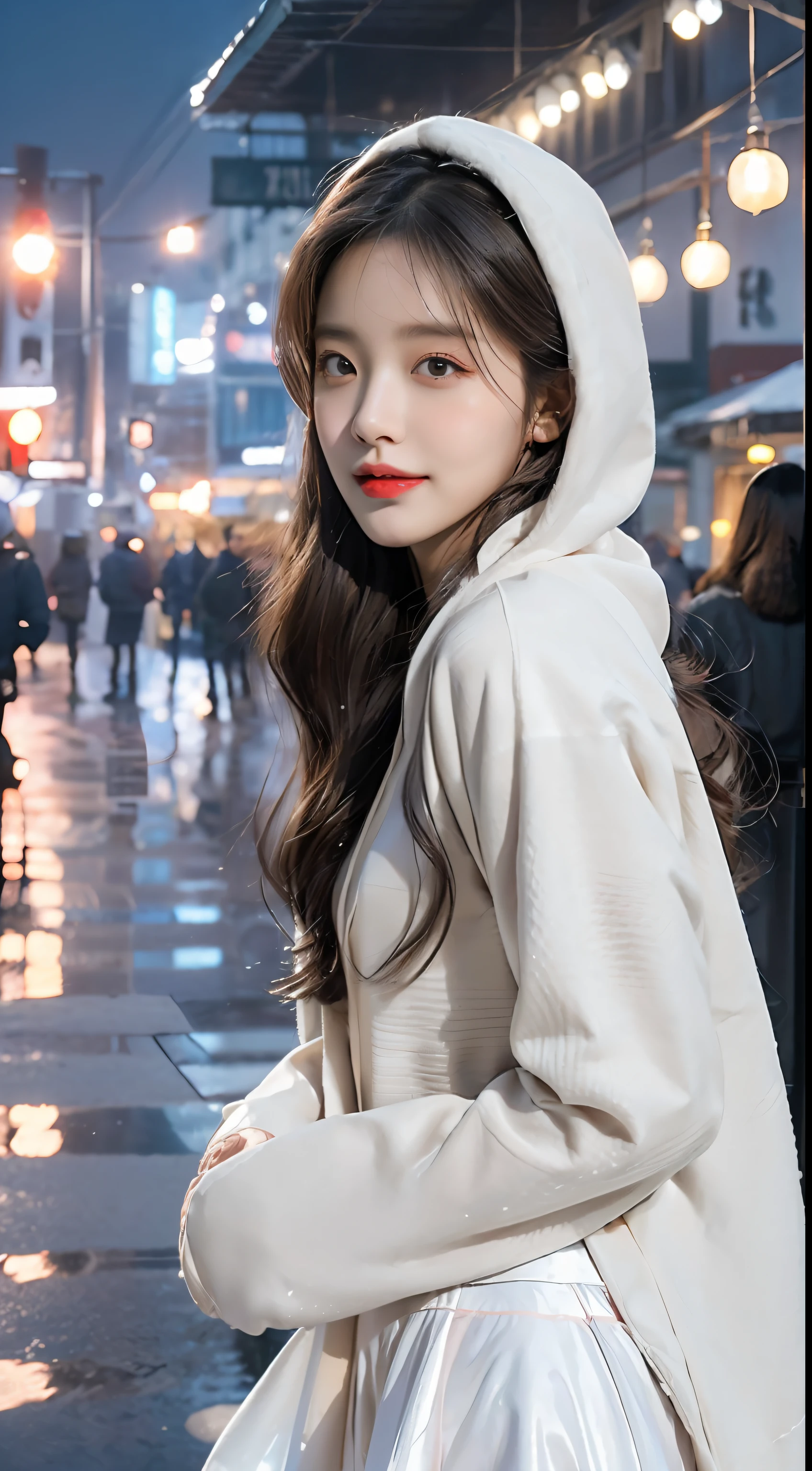(（best qualtiy，tmasterpiece，超A high resolution）)，（realisticlying：1.4），(Korean star poster-like)，1girll，From head to knees，Dynamic posture，adult face，Slim，(ssmile)，joy，Reflective eyes，（shiny skins），（contours，frontage)，whaite hair，long whitr hair，黑The eye，Top fashion，（（White plush hooded coat）），Beautiful costumes，(Lolita costume)，(short  skirt)，（Real snowfall：1.5，Cover with snow，snow cover，Simple street），(Clear eyes)，(Clear nose)，(Clear lips)，(Fair skin)，(Ultra-realistic textile textures)，cinmatic lighting，35mm，offcial art，Incredibly Ridiculous res，hugefilesize，