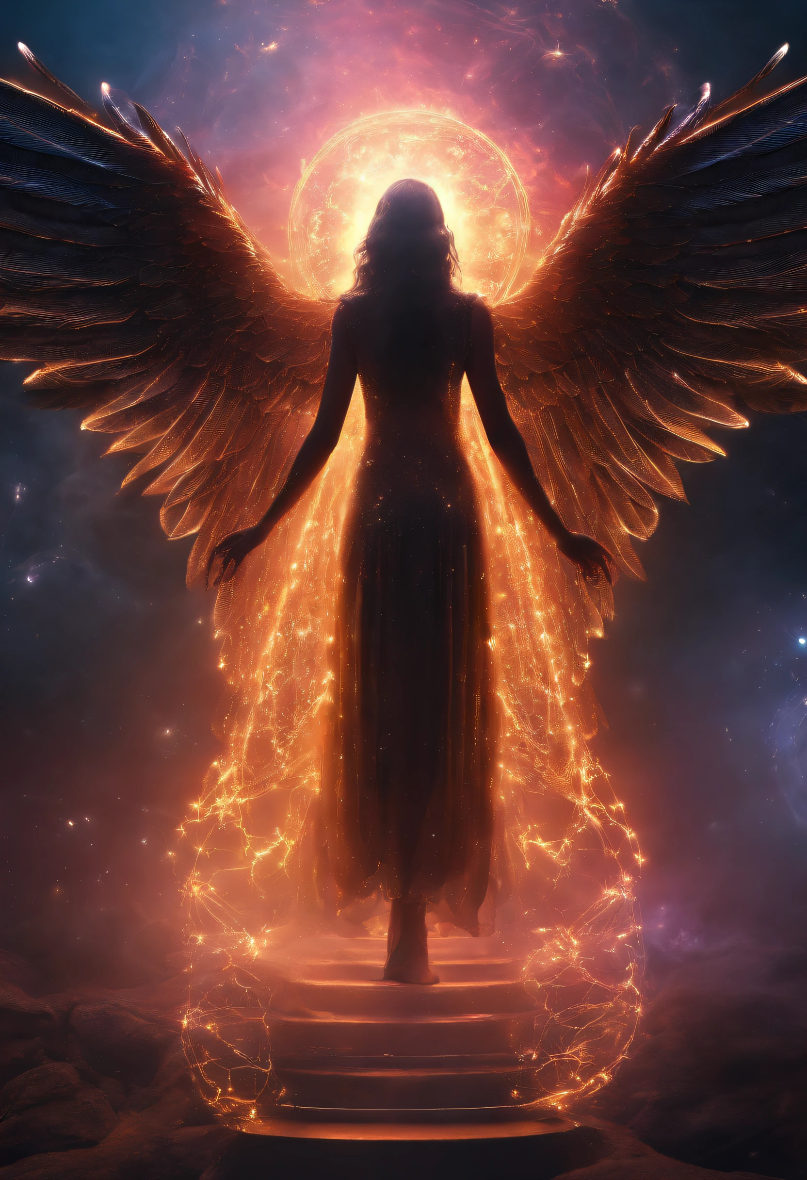 Cosmic Fallen Angel, glowing light eyes, Biomechanical, eerie, Creepy, nightmarish, Very bright colors, Light particles, with light glowing, Mshiv, wallpaper art, UHD wallpaper，Full body photo of the six-winged angel，Long legs