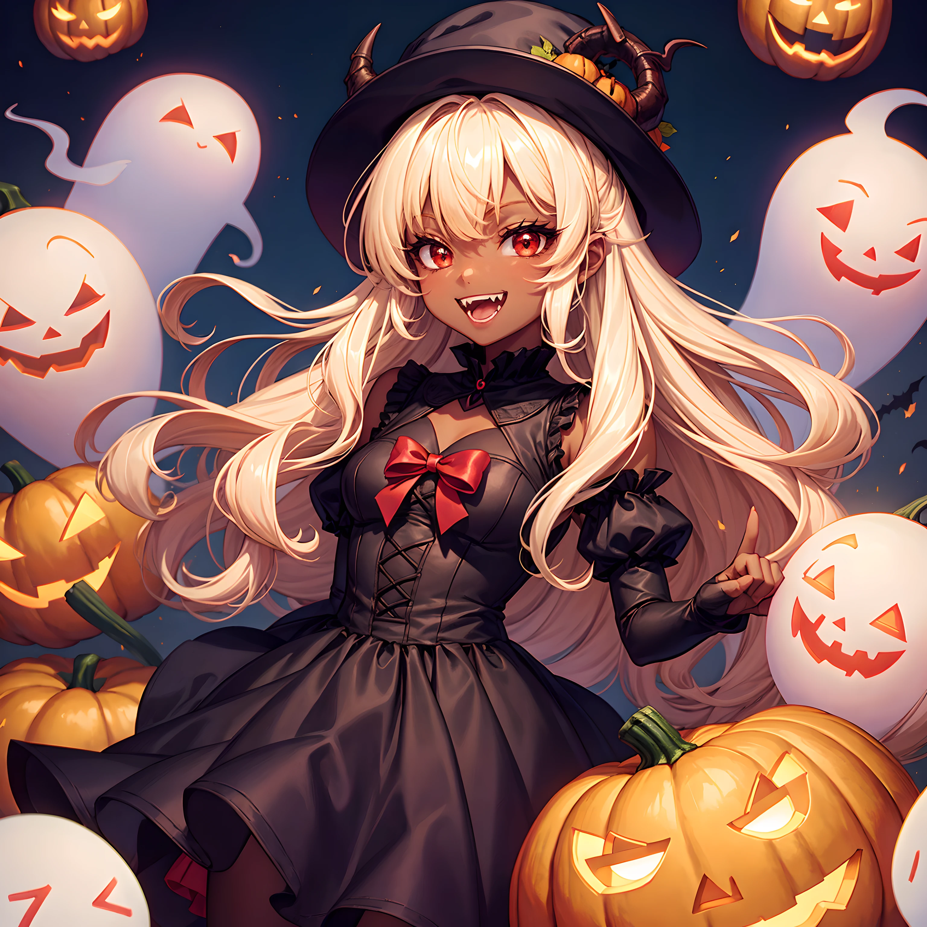 Devil, black devil, cute devil, anime illustration, ultra detailed, hyper sharp image, fangs. blonde wavy curly long hair, wearing rubber costume, halloween festival, jack o'lantern, ghost, happy smile, cute smile, red eyes, dark skin, eating pumpkin, chibi emote, arms down, arms behind back, 4fingers and thumb, perfect hands,