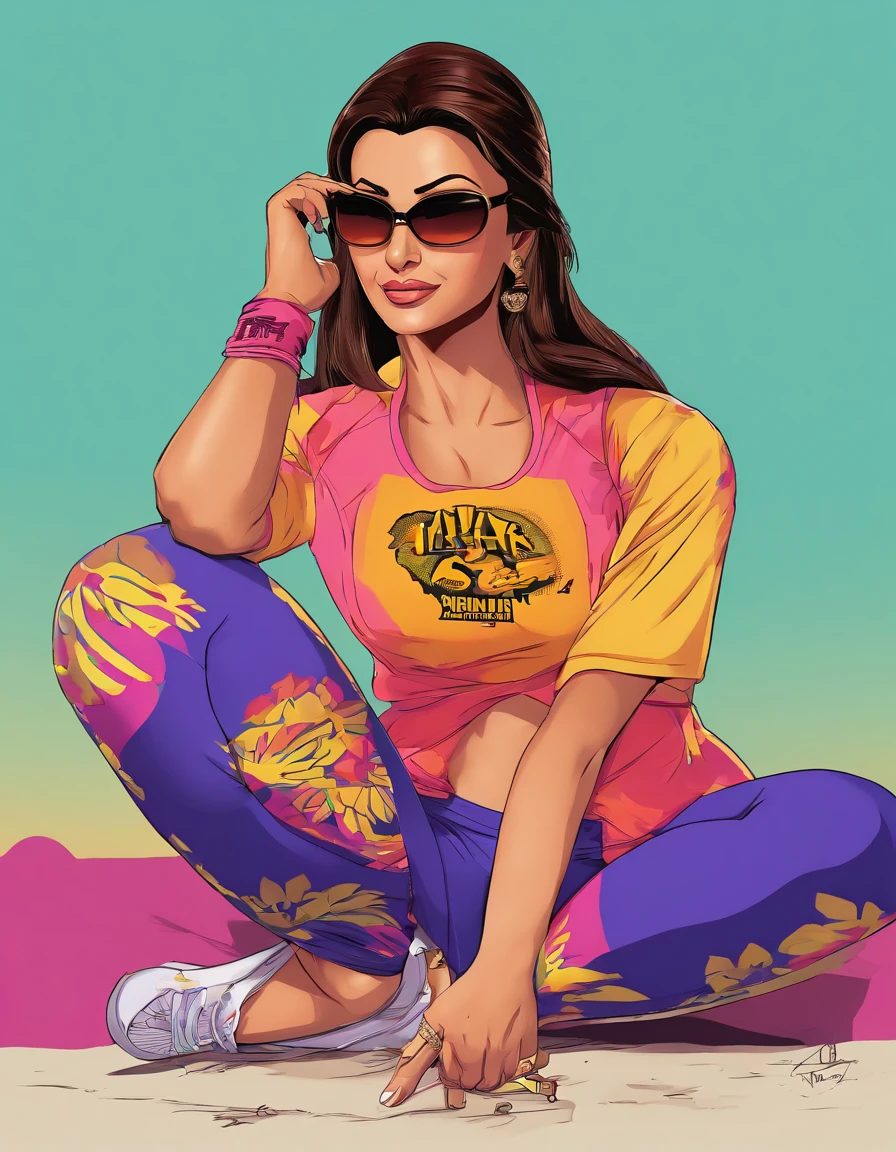 Aishwarya Rai Masterpiece, Best Quality, suntanned skin, looking a viewer, sports clothing, leggins, sitting, bare footed, Simple background with logo, From Bottom, Sunglasses,