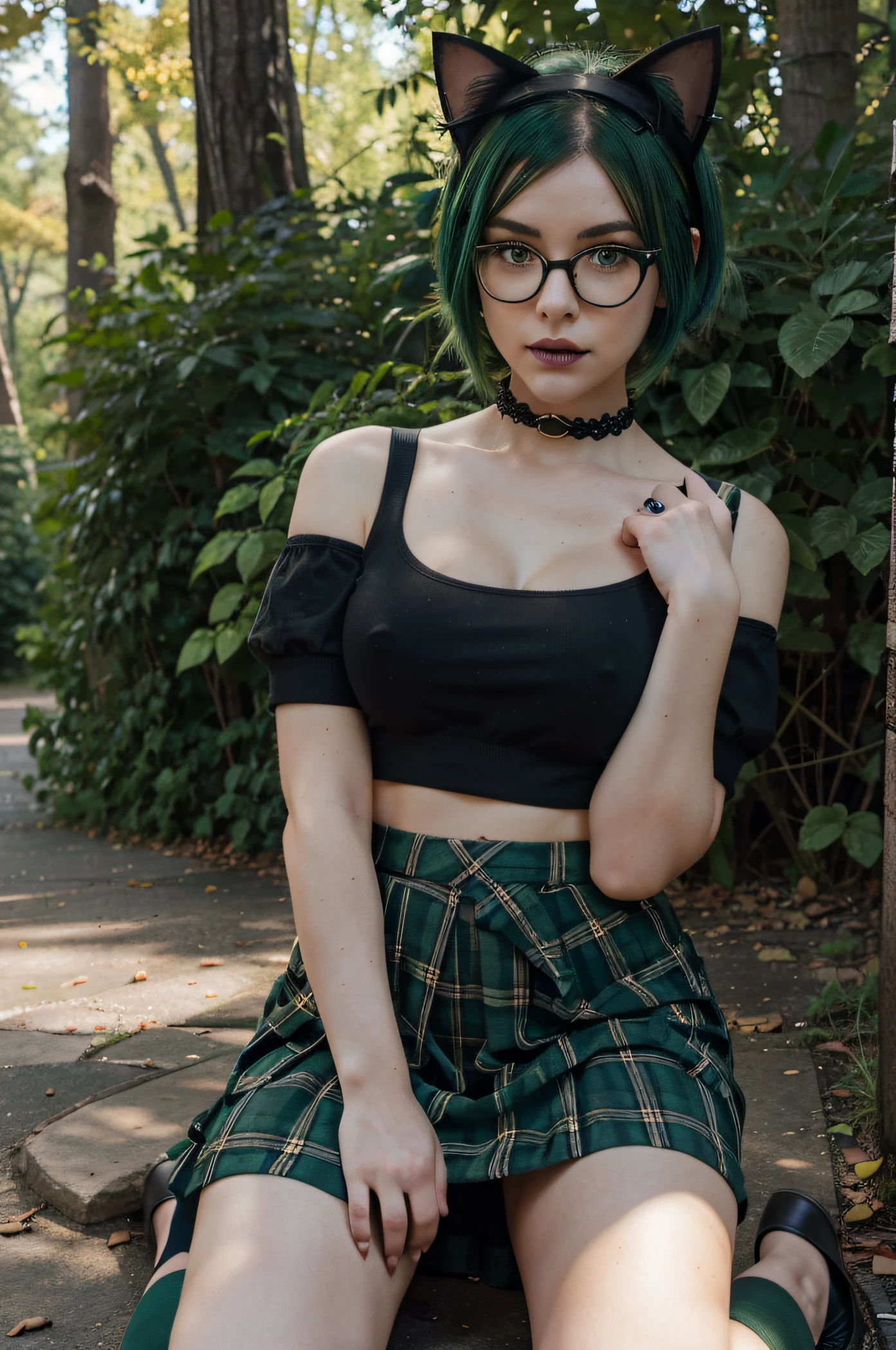 ((masterpiece, best quality)),best aesthetic, 1girl, looking at viewer, sitting on ground, legs spread, solo focus, goth woman, pale skin, glasses, cat ears, crop top, green plaid flannel shirt, fishnet stockings, black and green hair, short hair, green eyes, freckles, thick eyebrows, short skirt, autumn trail, nipples poking, foggy day, thick thighs, short skirt, black lipstick,