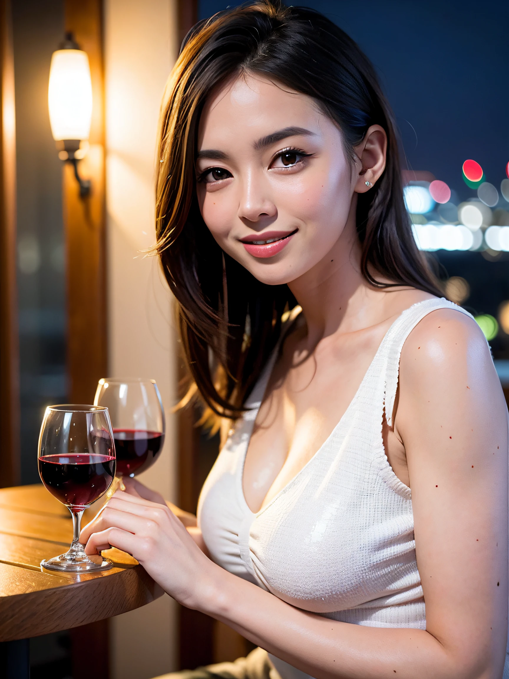 (64K, UHD, top quality, masterpiece: 1.2), (realistic, photorealistic: 1.37), super detailed, pretty woman 1 person, (slim face), (slim body), (brown hair), (short cut), cheeks slightly blushing, (44 years old), 38 years old, solo, beautiful detailed urban night view outside the window, restaurant, wine glasses sit, at night, in a prominent placeNovaFrogStyle, Actress, Model, Waist Up, White Wine, Slim, Wine Glass, Super Clean Night View, Wine Glass Put in the Middle, Happy Smile, (Smile: 1.15), Beautiful Fine Eyes, Upper Body, Bust Japan Up, Night, Short, Short, Actress, Model, Waist Up, White Wine, Slim, Wine Glass, Super Clean Night View, Wine Glass Put in the Middle, Happy Smile,