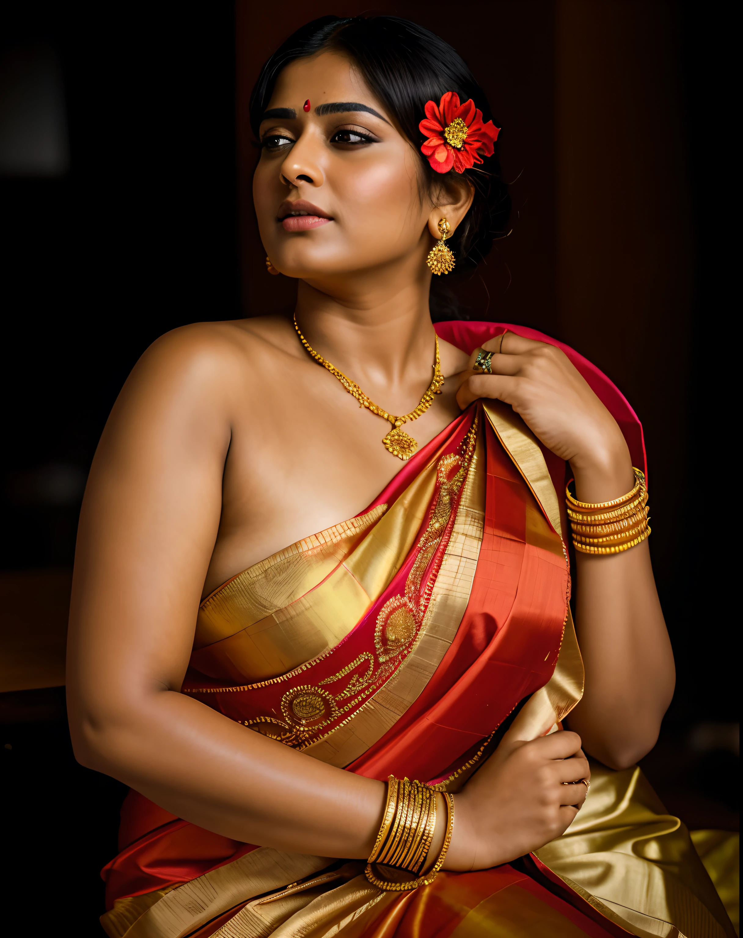 Foto RAW, photorealistic, photography, full body shot, master shot, Saree model, model Photography, Indian saree shoot, Indian traditional wear advertising photography, traditional wear brand shoot, face of Indian actress Anushka shetty, masterpiece, realistic, realism, photorealism, high contrast, photorealistic Artstation 8k HD digital art trend of high definition and detailed realistic skin texture, ultra detail, realistic skin texture, armature, best quality, ultra high definition, (photorealistic:1.4),, high resolution, detail, raw photo, Re sharp, by Lee Jefferies Nikon D850 Film Stock Photo 4 Kodak Portra 400 Camera F1.6 Lens Rich Color Ultra Real Realistic Realistic Textures Dramatic Lighting Unreal Engine Trending at Art Station Cinestill 800,(pele altamente detalhada: 1.2), 8k UHD, DSLR, soft-lighting, alta qualidade, grain of film, Fujifilm XT3