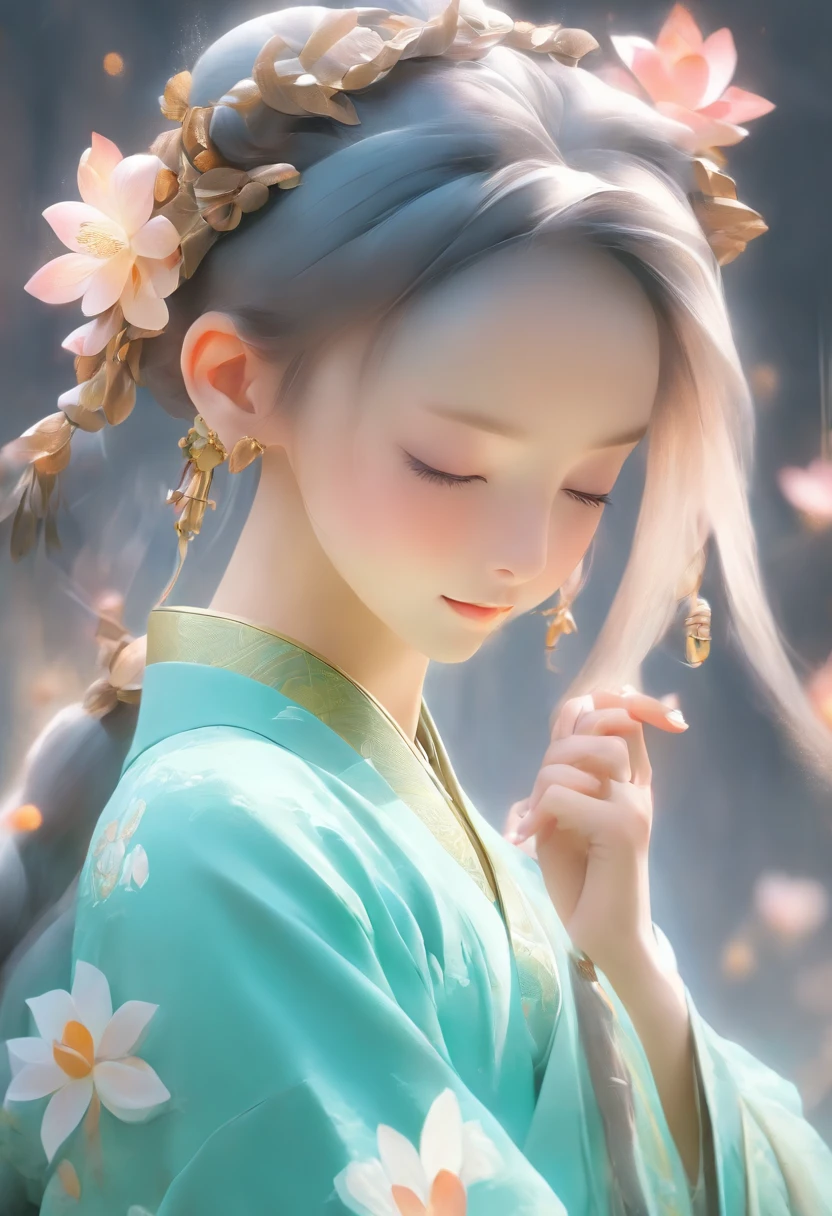 girl，Super cute looks，Costume pan hair，Simple lotus hairpin，had his hands folded，Close your eyes and ponder，The appearance of a prayerful prayer，Wearing light cyan Hanfu，solid color backdrop，Light cyan and white match，32K uhd，Faraway view，in a panoramic view，hyper qualit，hyper HD，超高分辨率，Lots of detail --niji 5 --ar 1:1