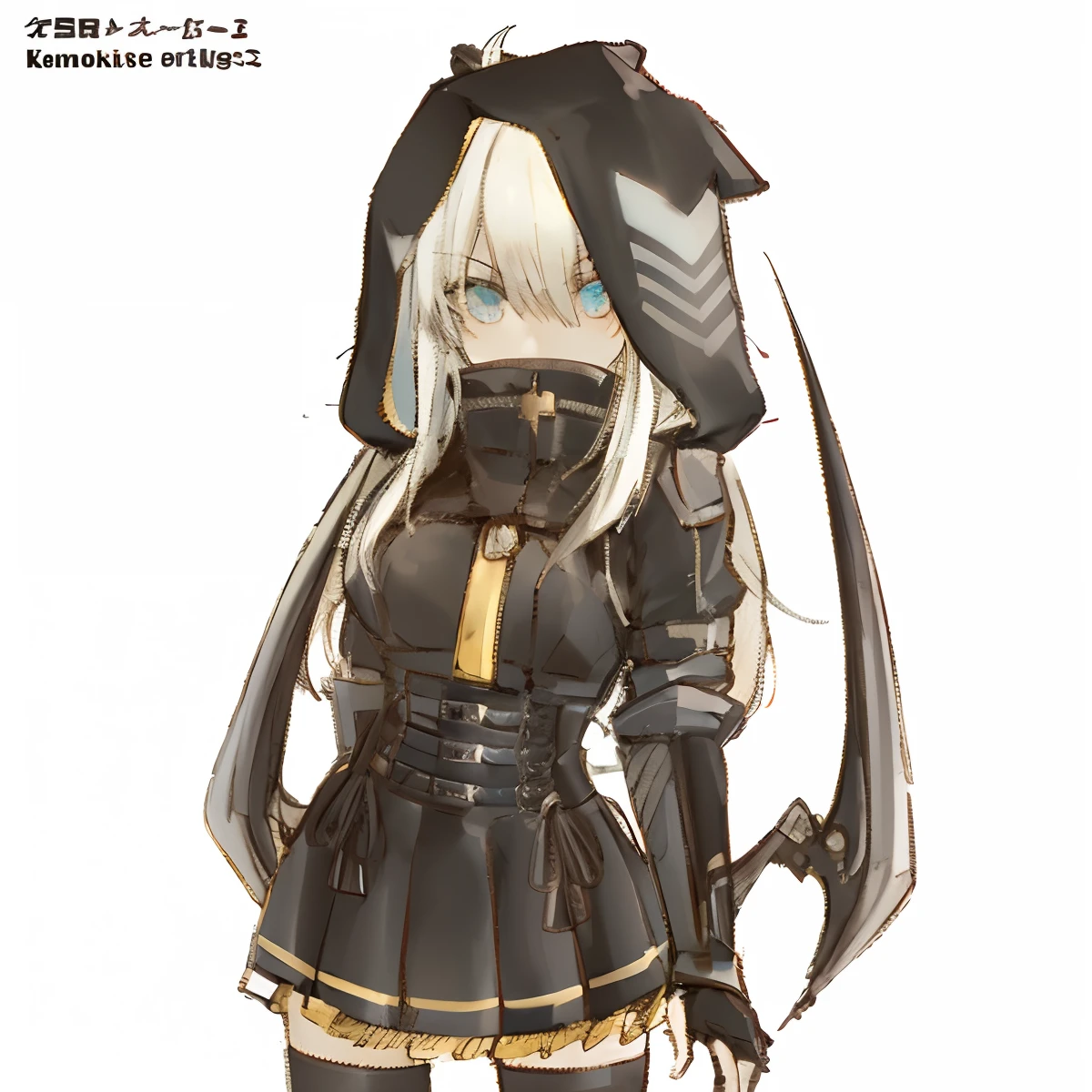 anime girl with a sword and a hoodie, gilded black uniform, rogue anime girl,Gray tones, Kantai collection style, noire, Stylized anime,white color hair,blue color eyes,teens girl,The eyes are godless,whaite hair,Blue eyes