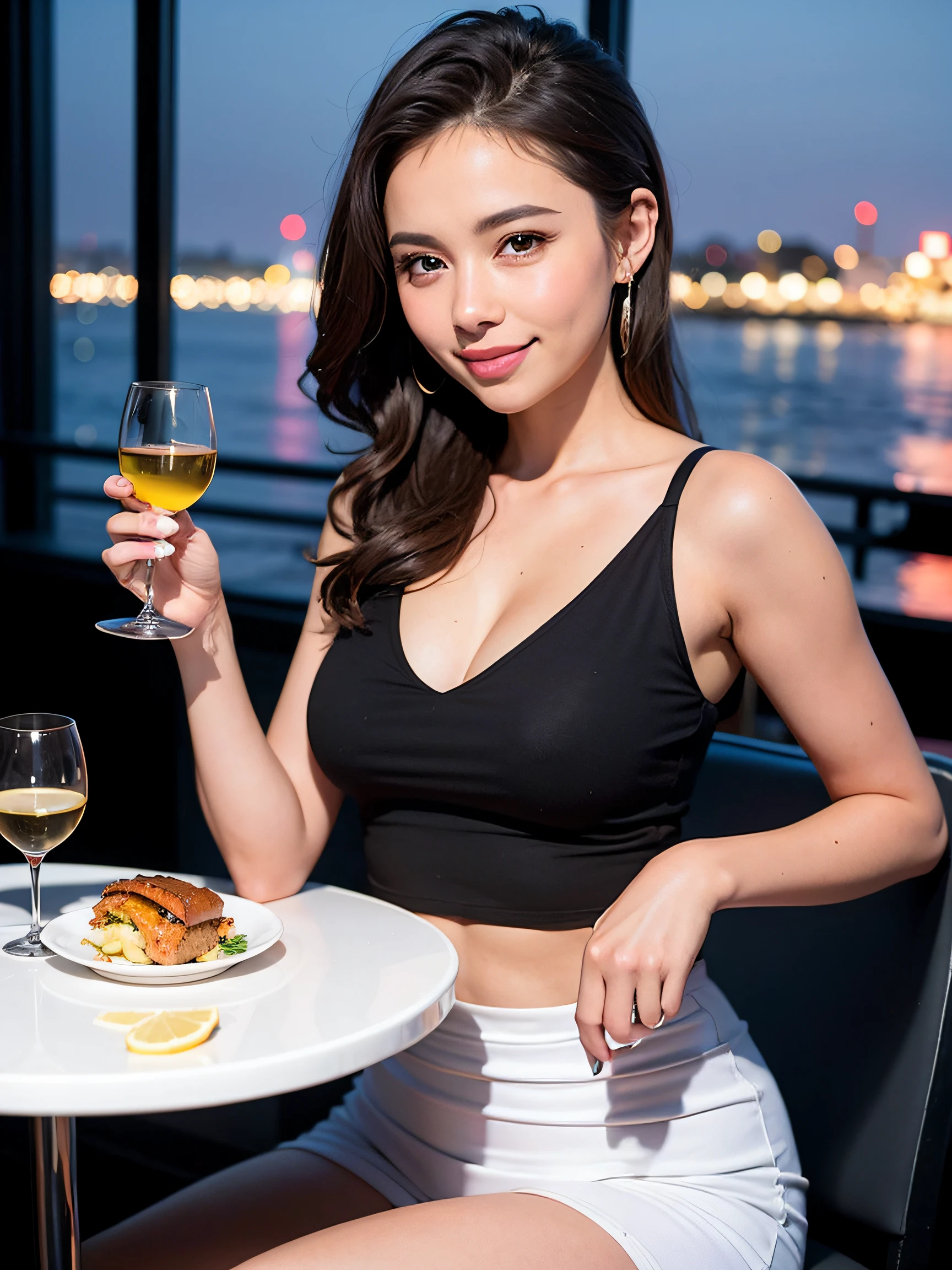 (64K, UHD, top quality, masterpiece: 1.2), (realistic, photorealistic: 1.37), super detailed, pretty woman 1 person, (slim face), (slim body), (brown hair), (short cut), cheeks slightly blushing, (44 years old), 38 years old, solo, beautiful detailed urban night view outside the window, restaurant, wine glasses sit, at night, in a prominent placeNovaFrogStyle, Actress, Model, Waist Up, White Wine, Slim, Wine Glass, Super Clean Night View, Wine Glass Put in the Middle, Happy Smile, (Smile: 1.15), Beautiful Fine Eyes, Upper Body, Bust Japan Up, Night, Short, Short, Actress, Model, Waist Up, White Wine, Slim, Wine Glass, Super Clean Night View, Wine Glass Put in the Middle, Happy Smile,