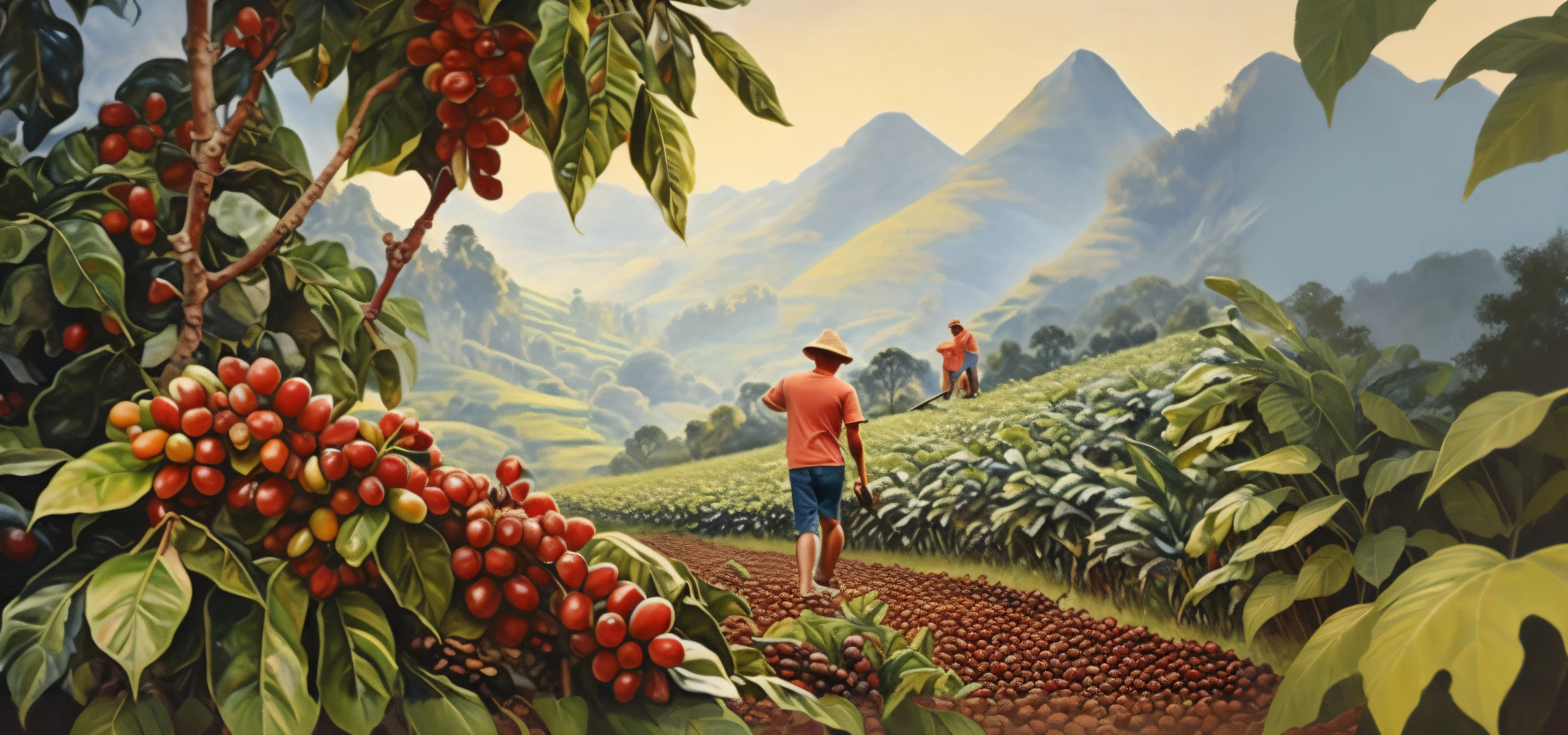 Draw a man walking through a coffee plantation,The background is a mountain, Laurent Durieux, Steve Henderson and Mark Brooks, rob mcnaughton, adrian borda, author:Trevor Brown, kenton nelson, inspired by Jan Kupecký, author:an illustration of by David B. Mattire, rob rey and kentarõ miura, author:William Bella