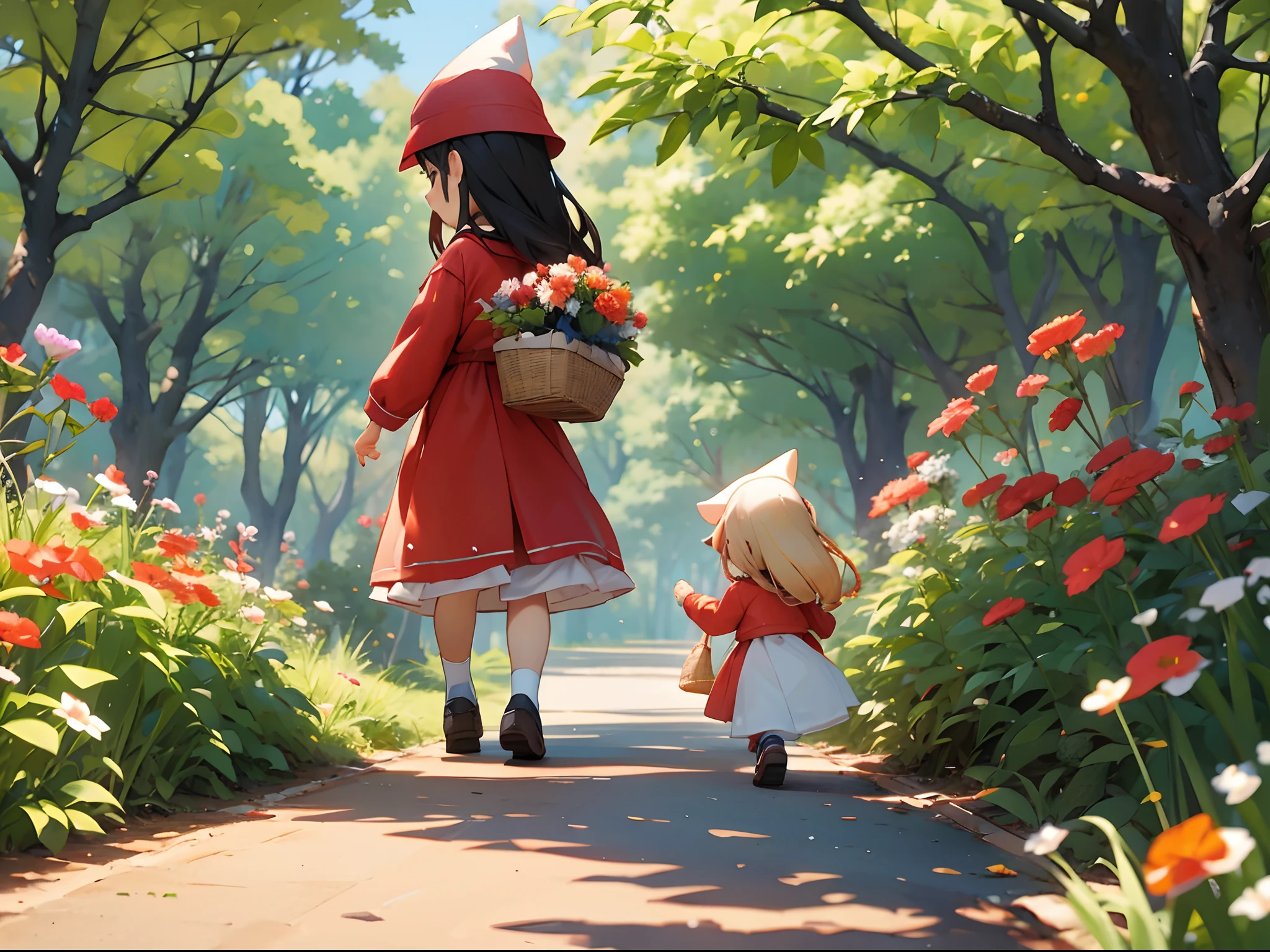 Children wearing red hats,Holding a basket of flowers in his hand,Walk happily on the forest paths