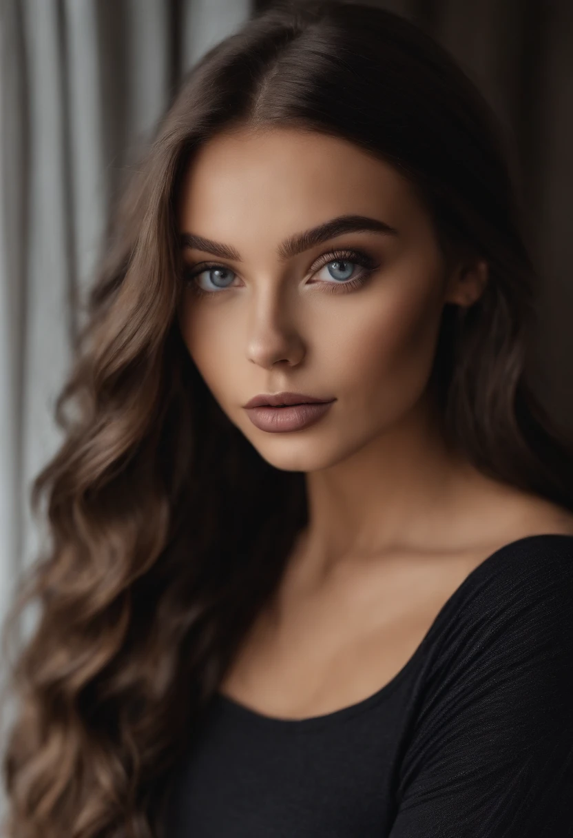 Arafed woman with black clothes, fille sexy aux yeux bruns, Portrait Sophie Mudd, cheveux bruns et grands yeux, selfie of a young woman, Yeux de chambre, Violet Myers, sans maquillage, maquillage naturel, looking straight at camera, Visage avec Artgram, Maquillage subtil, Superbe photo du corps entier, dans la chambre, clivage