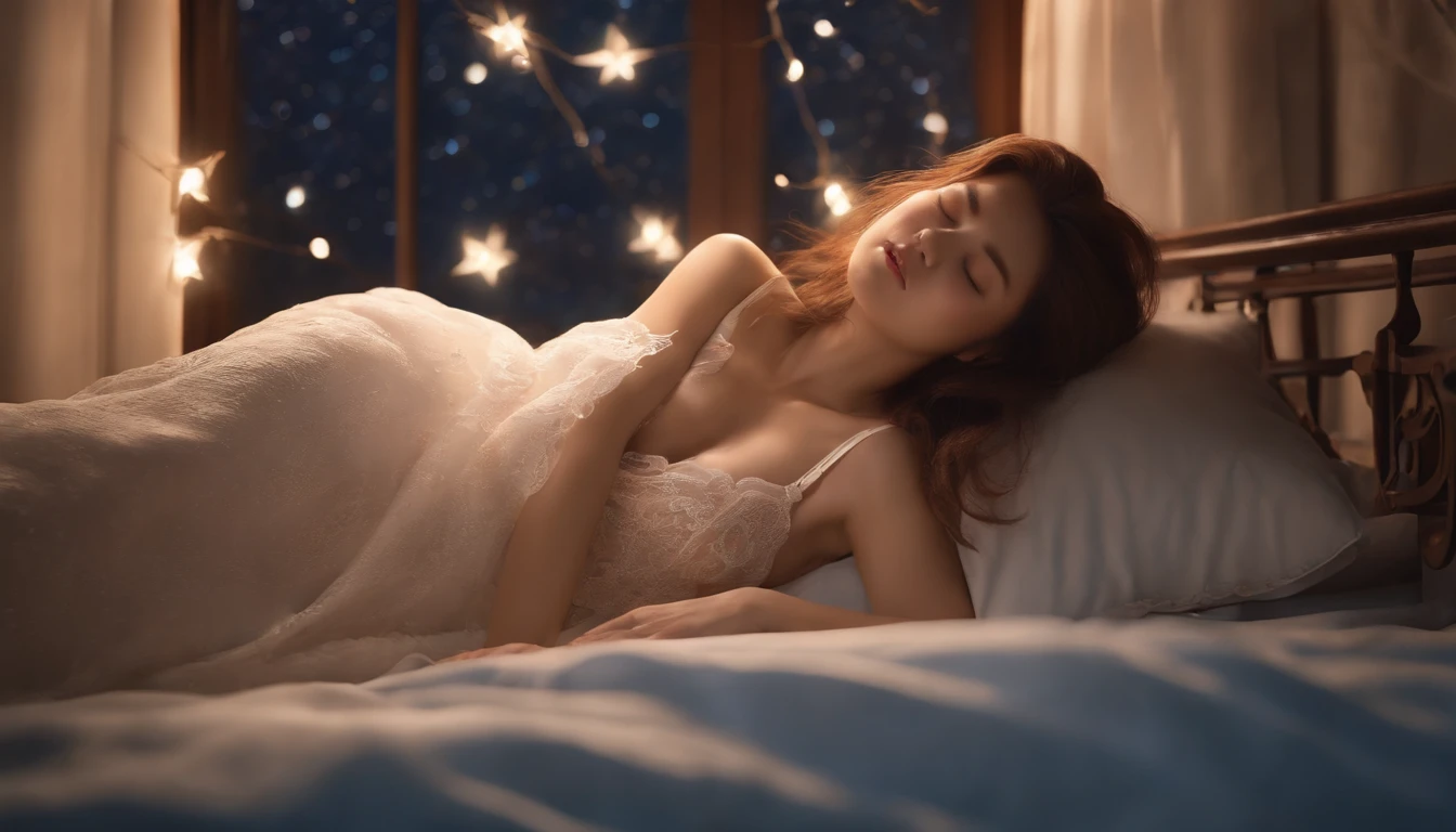 high quality,8k Ultra, delicate lightstar, shining at night, A dreamy and ethereal image of a woman sleeping under the stars, Bed, window, mesh bra, White bra, Brown hair, skyblue Color Moon, the whole body, korean woman,White skin color,