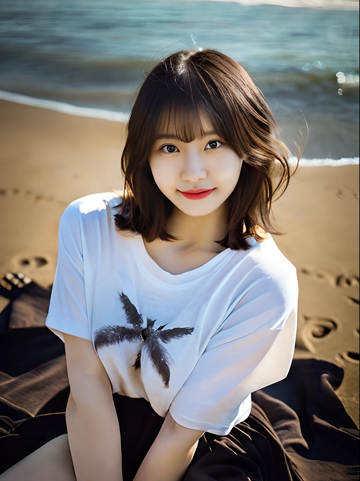 Innocent 20 year old girl、((Wearing an oversized T-shirt,Dramatic poses)),Smile,short-cut,Bed background,Beach background、Raw photo, (8K、top-quality、masterpiece:1.2)、(intricate detailes:1.4)、(Photorealsitic:1.4)、octane renderings、Complex 3D rendering ultra detail, Studio Soft Light, Rim Lights, vibrant detail, super detailing, realistic skin textures, Detail Face, Beautiful detail eyes, Very detailed CG Unity 16k wallpaper, make - up, (detailedbackground:1.2), shinny skin, Full body、From head to thigh、no-bra、cleavage of the breast,((Angle looking down from above))