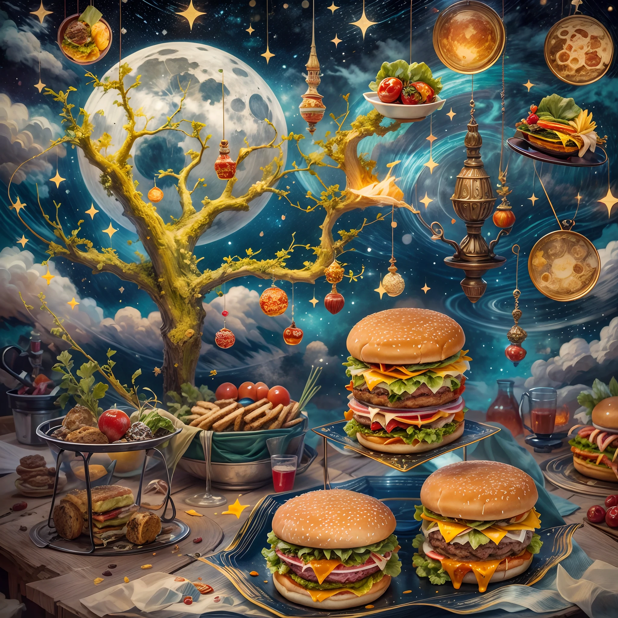 (tarot cards:1.5,rotary symmetrical),(tmasterpiece),(ultra - detailed:1.3),best qualtiy,(glittery:1.2),(dreamworld:1.4),((Van Gogh-style burgers)),(The moon is empty),Delicious super burger,the night,Skysky,moon full,NOhumans,Tomates, lettuce, ketchup, Cheese splashes, Hamburg style, and other decorations, Fantasy world, In cute cartoon design style, pop mart, Clay material,vibrant with colors,brightly,1.4x realism,hyper HD,It is displayed in this beautiful scene,(The is very detailed,reasonable design,Clear lines,High- sharpness,tmasterpiece,offcial art,movie light effect,8K)