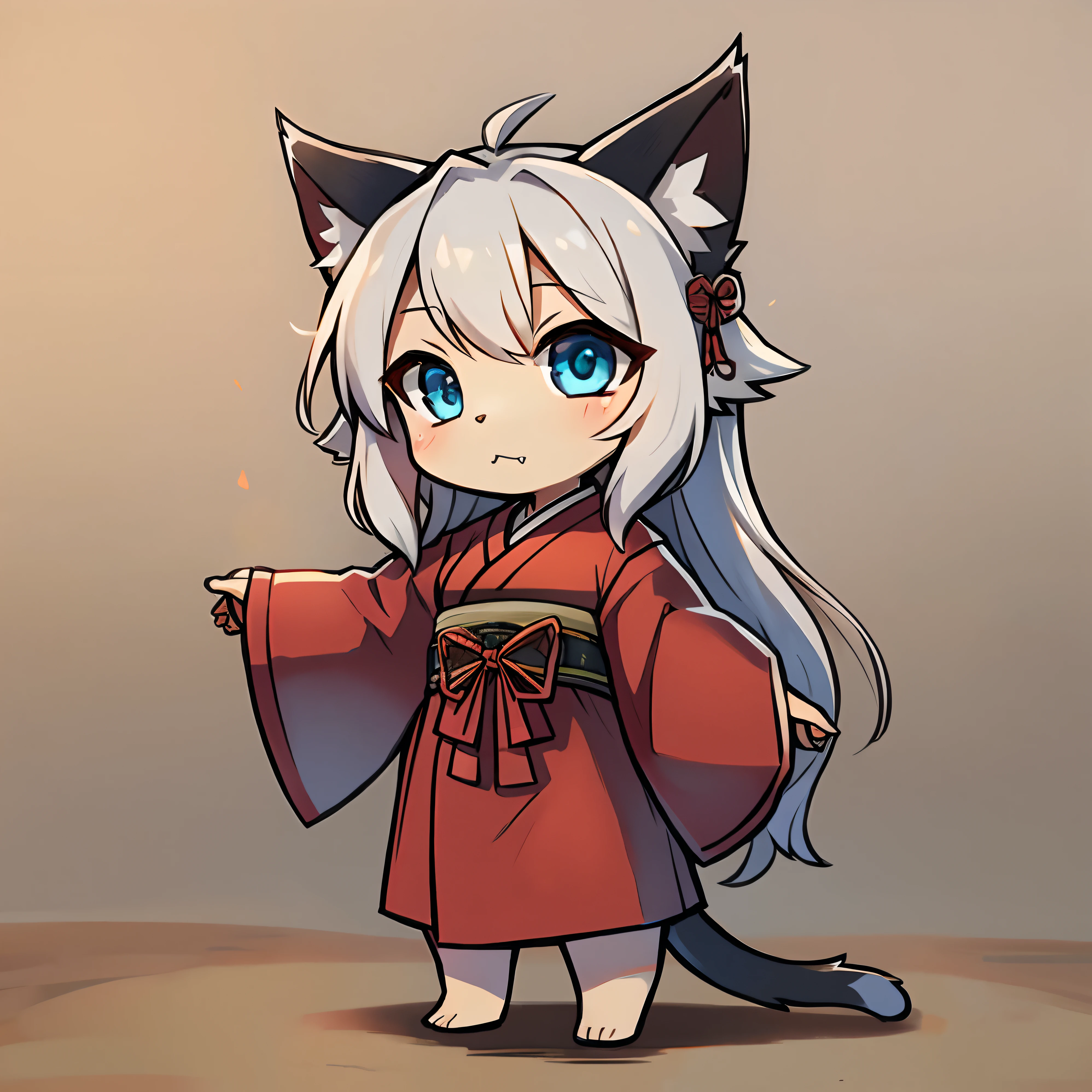 White long hair, blue eyes, cat ears, japanese traditional outfit, chibi, fang, fullbody
