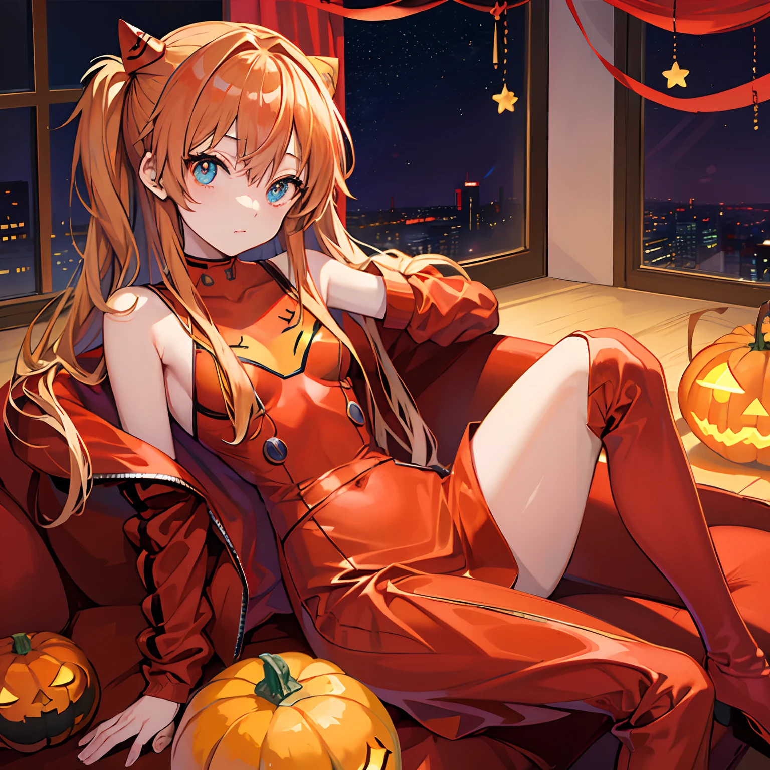 (top-quality、masutepiece)、Asuka Langley、(((Delicat eyes)))、nightcity、Pumpkin object