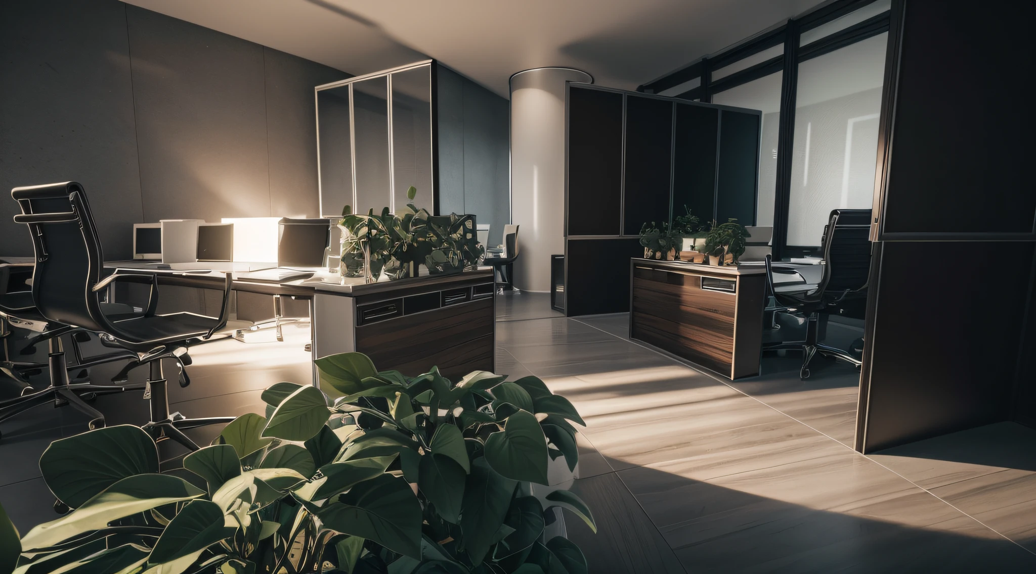 photo realistic, hd high res ultra high quality view ,white wall, grey ceiling, high quality matt grey tiles, Clear glass, metal black frame around glass, metal black frame ,planter, office chair, laptop with mouse, wooden rack, white column,wooden partitions, green plants, Glass top for the table, perfect composition, beautiful detailed intricate insanely detailed octane render trending on attestation, 8 k artistic photography, photo realistic concept art, soft natural volumetric cinematic perfect light, chiaroscuro, award - winning photograph, masterpiece, 3d rendering, front view plan, realistic,hyper realistic, intricate detals,hd details,128k,(sharp lines)(use vivid multi dark colors)(3d rendering)