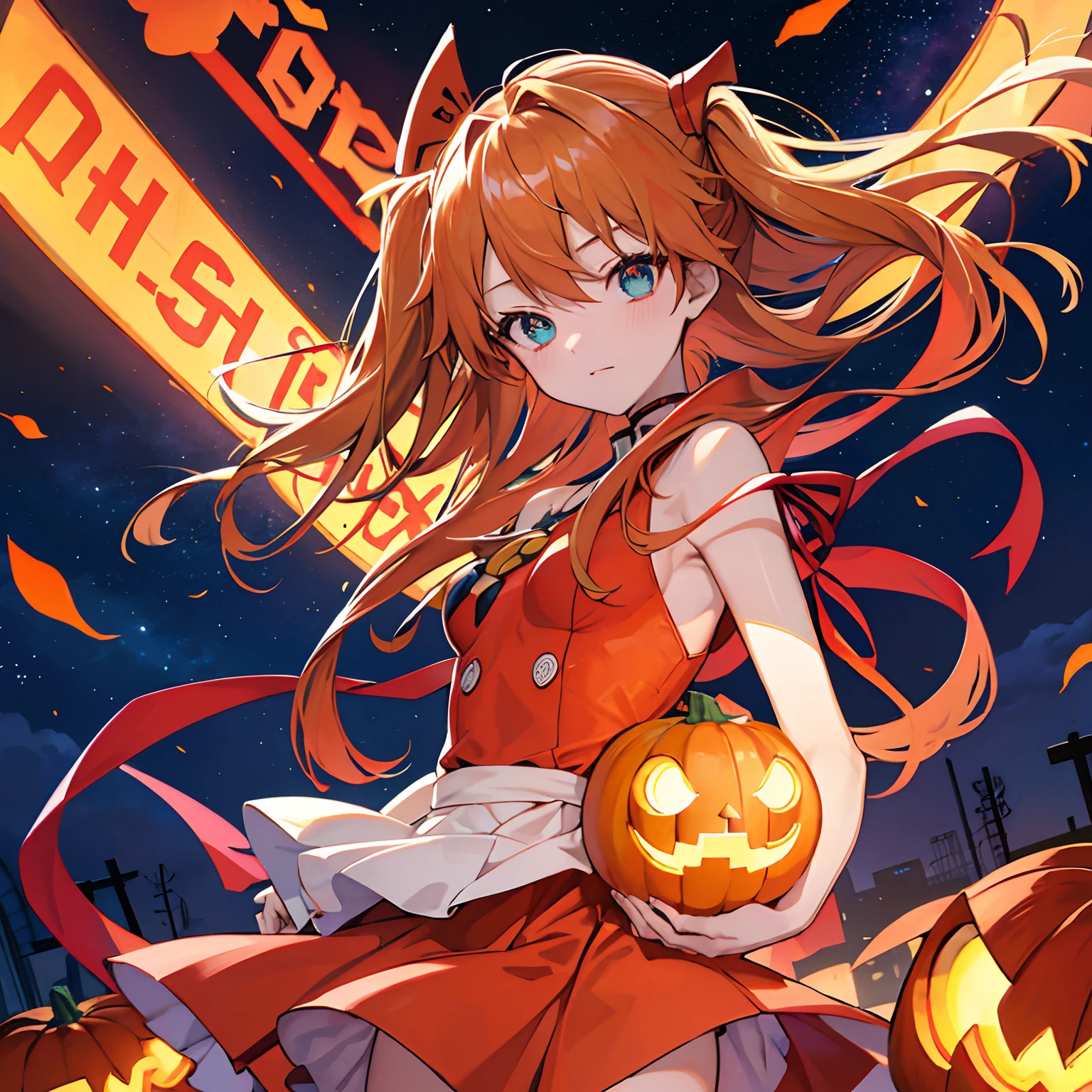 (top-quality、masutepiece)、Asuka Langley、(((Delicat eyes)))、nightcity、Pumpkin Objects