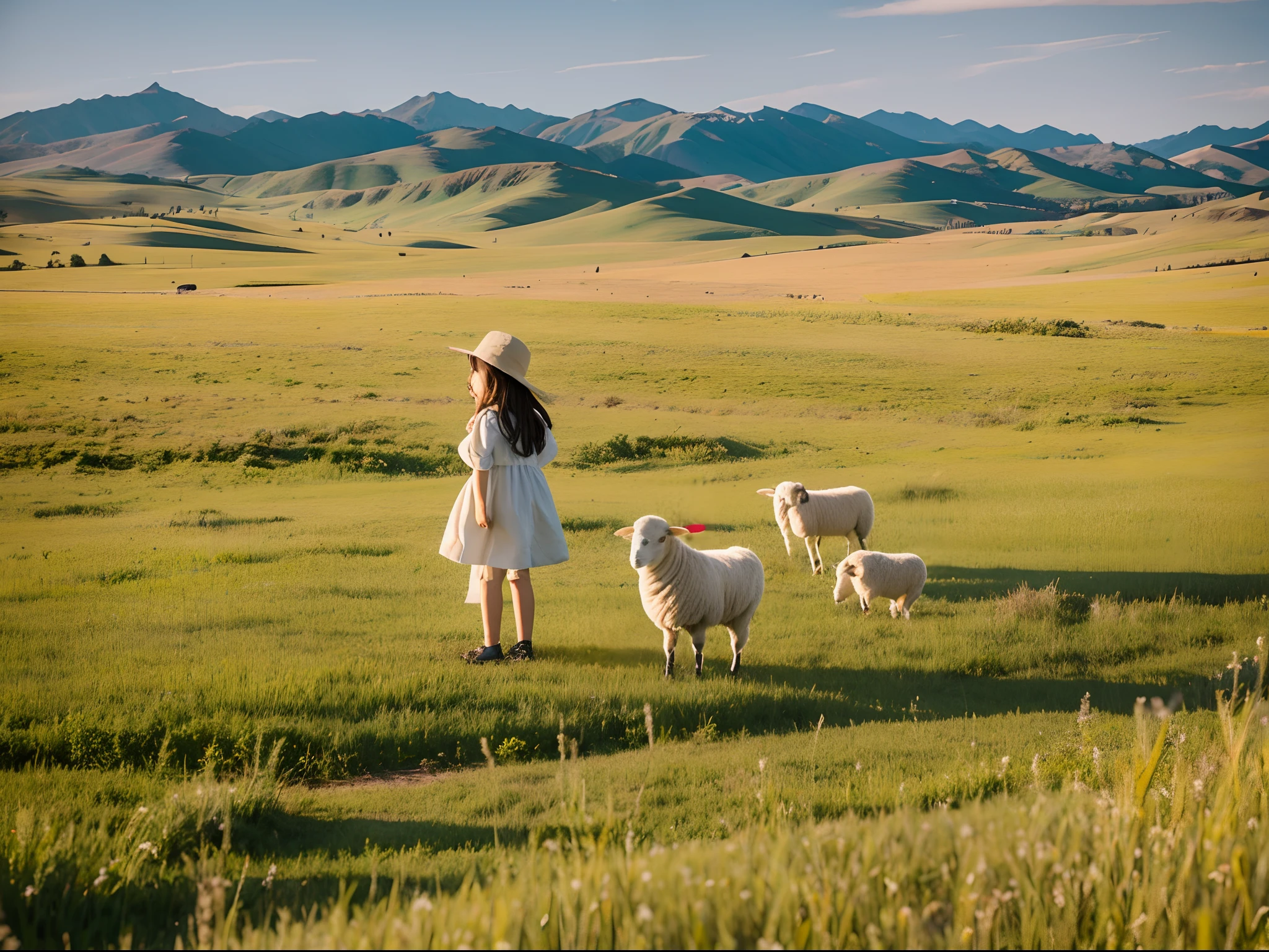 Little girl herding sheep in the steppe