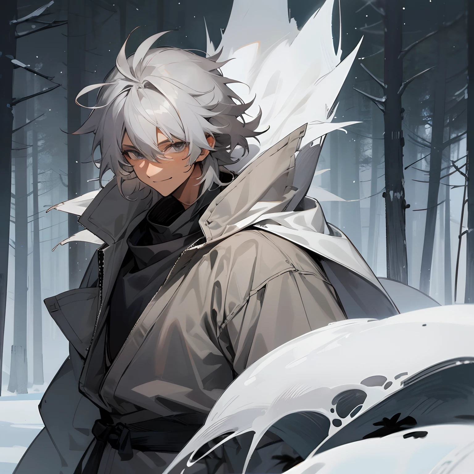 1male, grey hair , grey eyes , medium length messy hair , light tanned skin , grey clothing , snowy forest background , smiling expression , ninja clothing , lean build , adult male