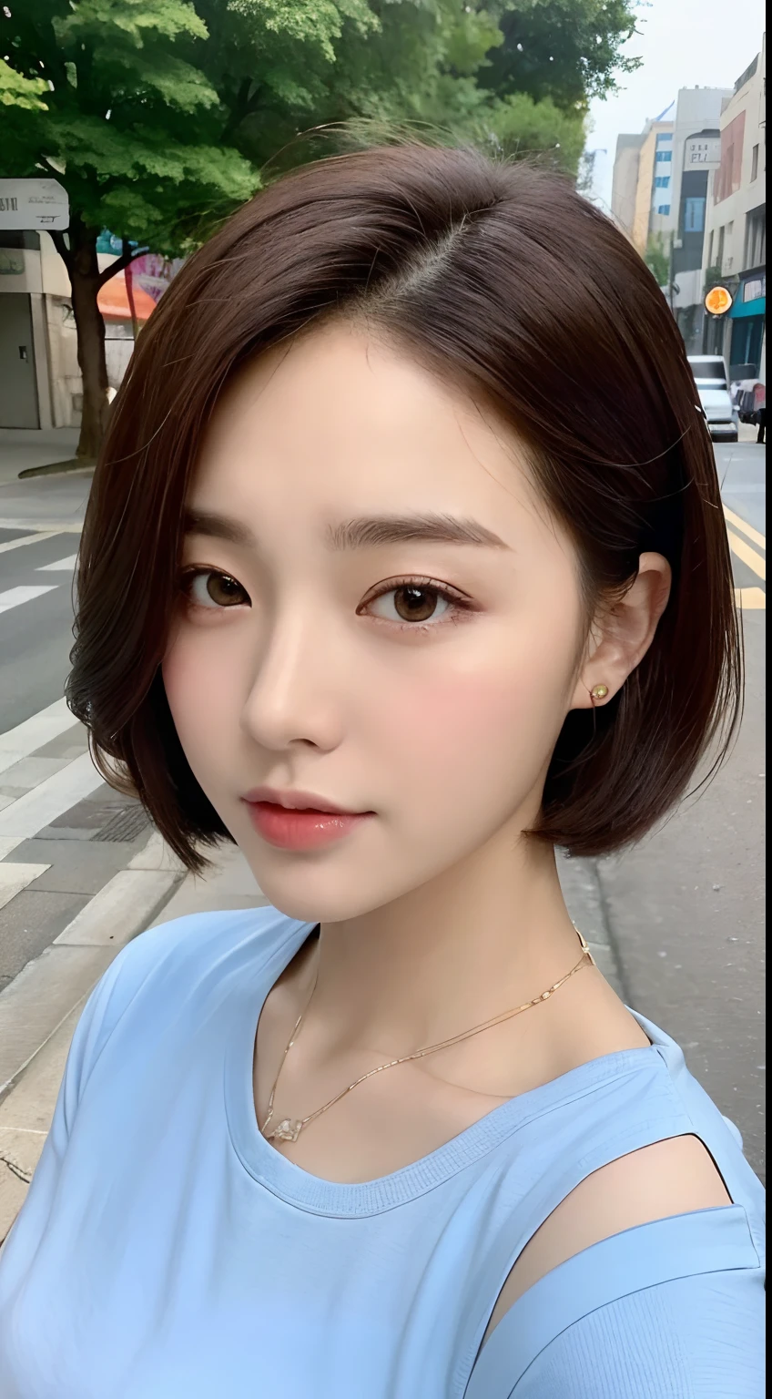 ((best qualtiy,8K,tmasterpiece:1.3)),Perfect beauty:1.4,glute:1.2,(Layered Hair Style:1.2)),(the street:1.3),Highly Detailed Face and Skin Textur,full bodyesbian,Elaborate Eyes,二重まぶた,Whitens the skin,Short wave hair,Cute Korean beauty(with a round face:1.5),(Black top,short skirt:1.6)ssmile