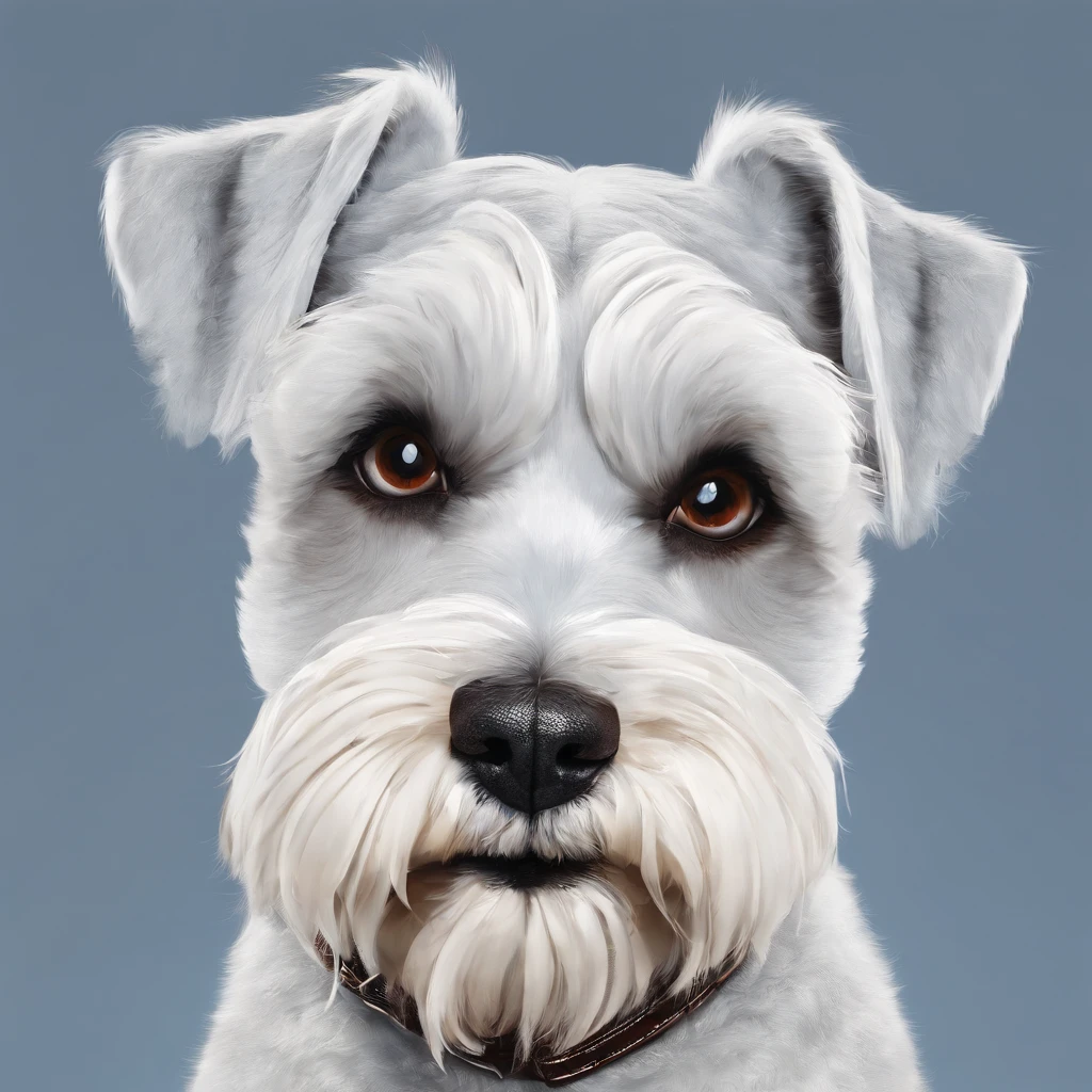 a cute schnauzer dog, with a white muzzle, smug look, cute dog, with white fluffy fur, cold snowy, potrait shot, looking at the viewer