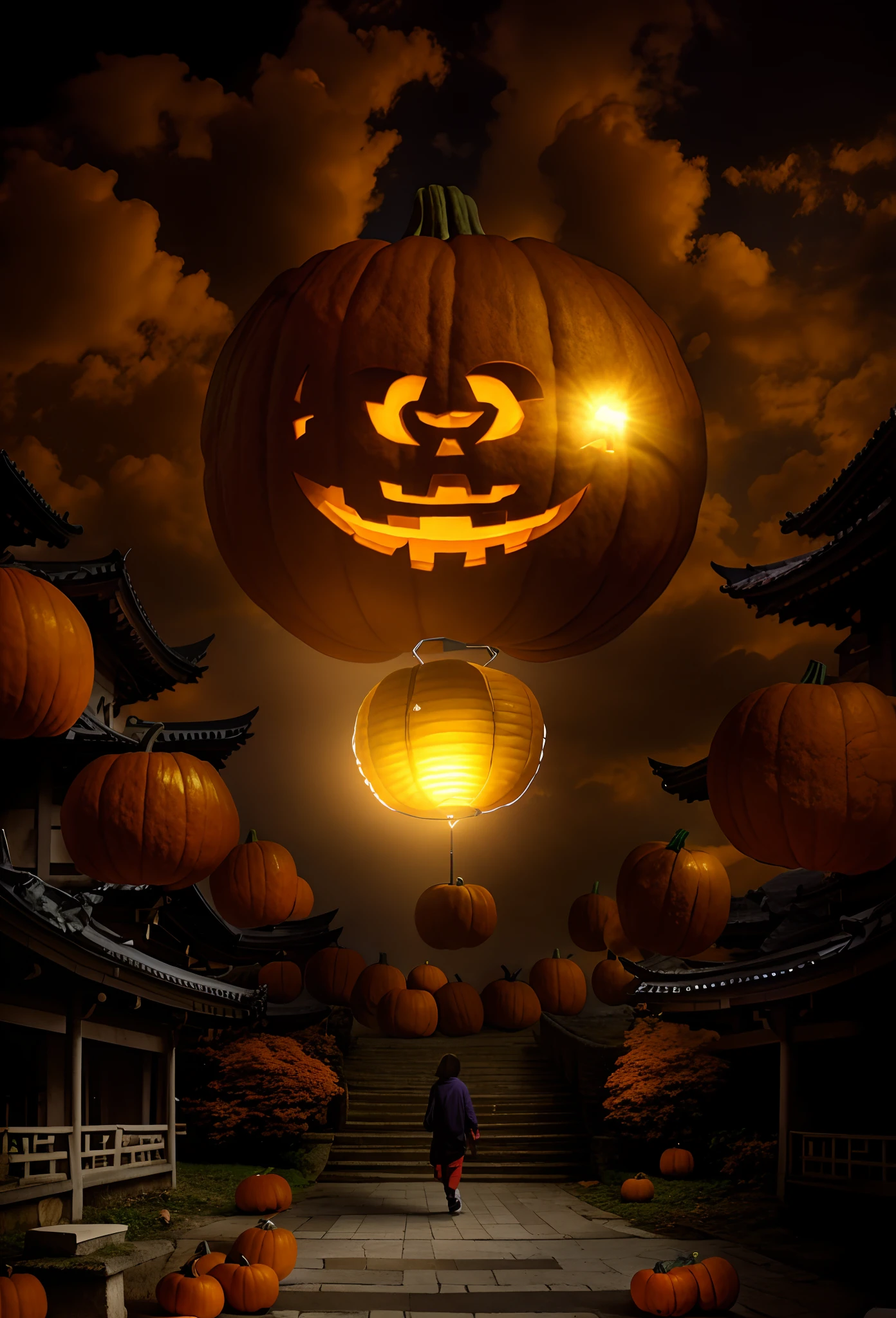 À la Fed image of a person walking along the path with pumpkin lanterns, Evil spirits walk around with lanterns, halloween theme, Halloween atmosphere, Spooky Halloween theme, halloween celebration, jack-o-lanterns, red lantern, jack - o'- lantern, Chinese lanterns, pumpkin head, frightening appearance, background artwork, shutterstock, halloween art style, Halloween, cg art, portrait shot