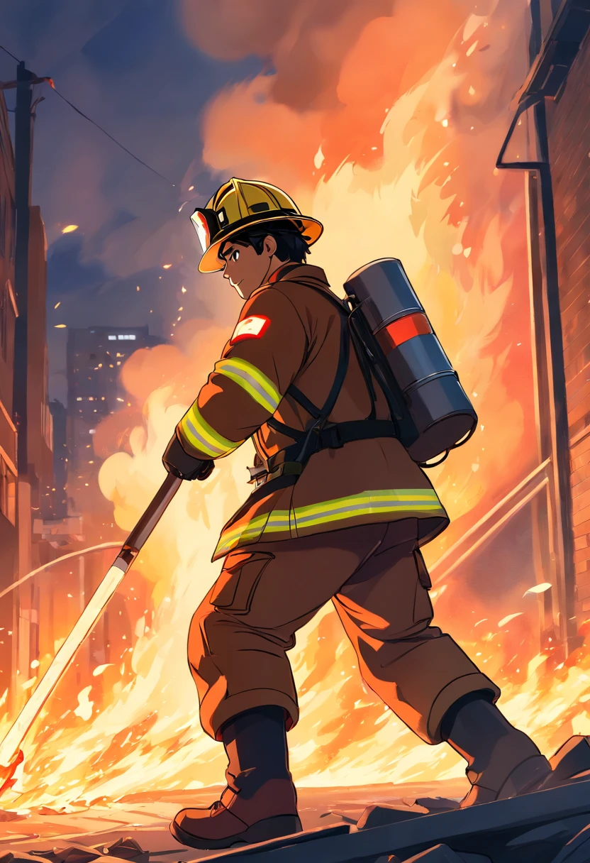 "Generate ultra-HD images of chic Chinese firefighters, Classic running position. Use advanced macro photography techniques、Highlight the intricate details of the fire suit, Expressive helmets and water cannons partially sticking out.male people，Masculine，Robust，Brave， Place the camera on the firefighter's shin, Look up. A large aperture that achieves a shallow depth of field, Let firefighters stand out clearly against a slightly blurred background. Improve lighting、Emphasize the texture and contour of the firefighter's body, avec un soft, Remove rough shadows、, Tense and tense atmosphere. Grab the firefighter in a fierce pose, But balanced, Show your flexibility and elegance. Try to capture moments in natural motion, Fire, charging up, etc, Convey realism. Implement post-processing techniques to improve image clarity, Contrast, and color balance, Protect all aspects, From the firefighter's intricate patterns to his intense gaze, Rendered in amazing detail. finally, Convey the power of firefighters who heroically put out fires, Capture fleeting moments，Celebrate the unique nature of firefighters' bravery and strength."