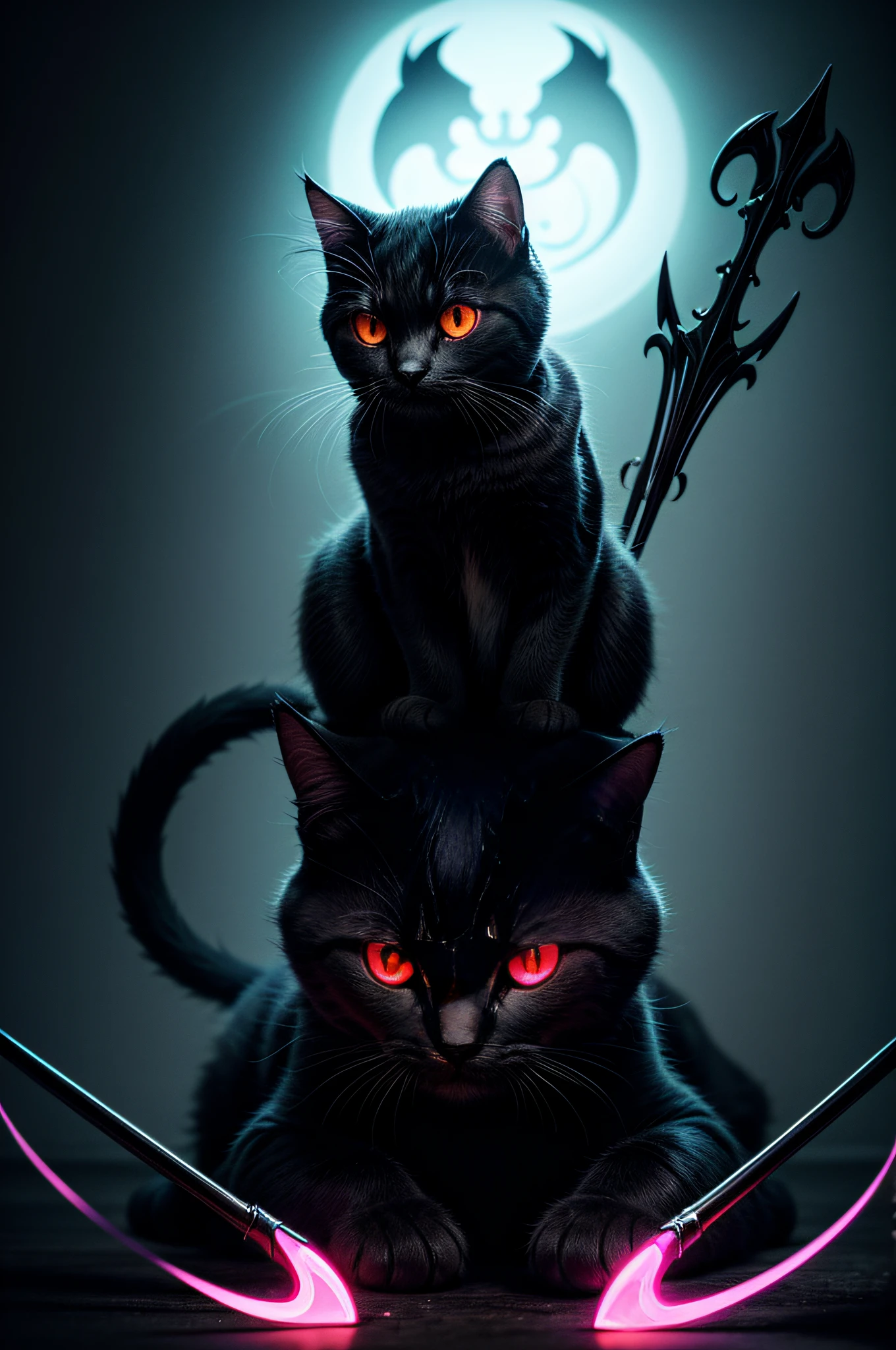 Illustration of a cute cat-shaped devil, red glowing eyes, a pointed tail, a trident, black and purple, light and shadow, creepy aura:1.5, (Masterpiece), (Best Quality), (Ultra high Detailes)