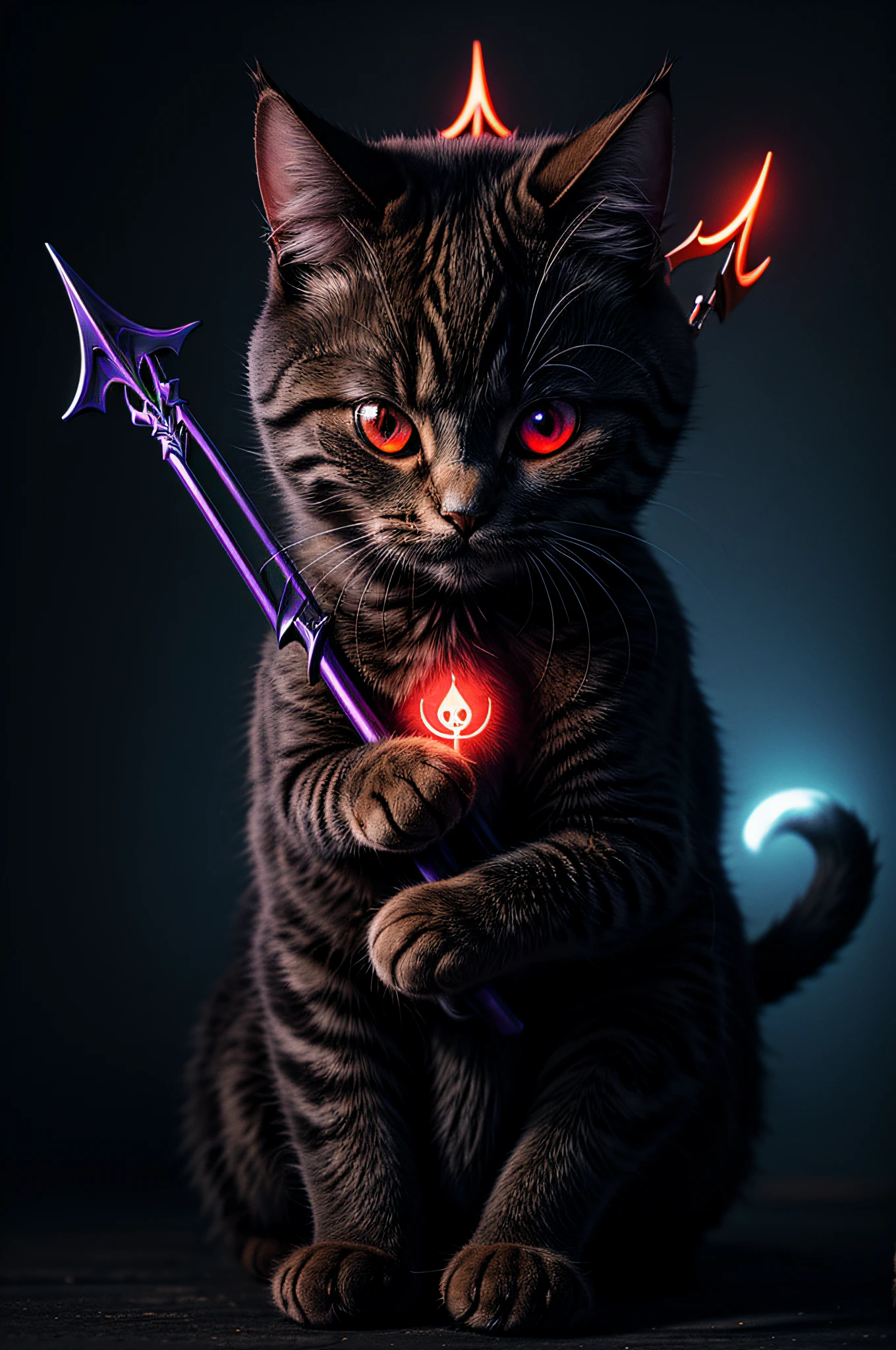 Illustration of a cute cat-shaped devil, red glowing eyes, a pointed tail, a trident, black and purple, light and shadow, creepy aura:1.5, (Masterpiece), (Best Quality), (Ultra high Detailes)