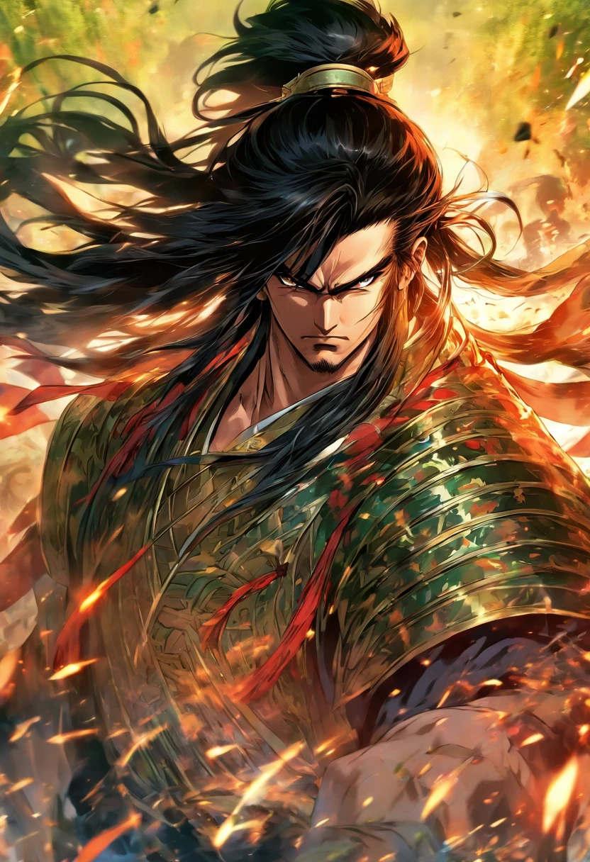 Male general, Long black hair, Black eyes, Pale skin, Handsome, standing in grassy field, Cut off every head he sees, Ancient Chinese wars, Anime manga style