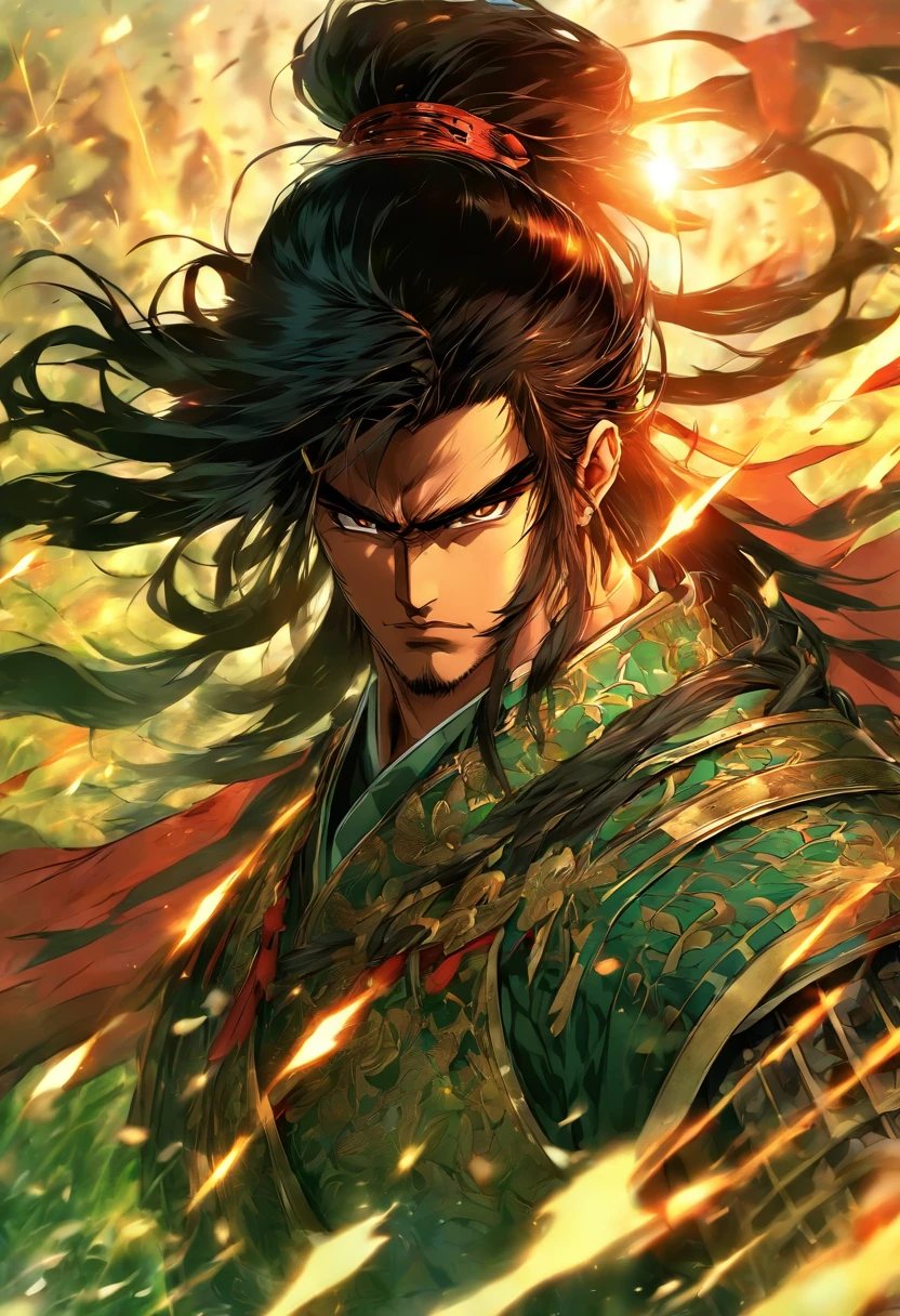 Male general, Long black hair, Black eyes, Pale skin, Handsome, standing in grassy field, Cut off every head he sees, Ancient Chinese wars, Anime manga style