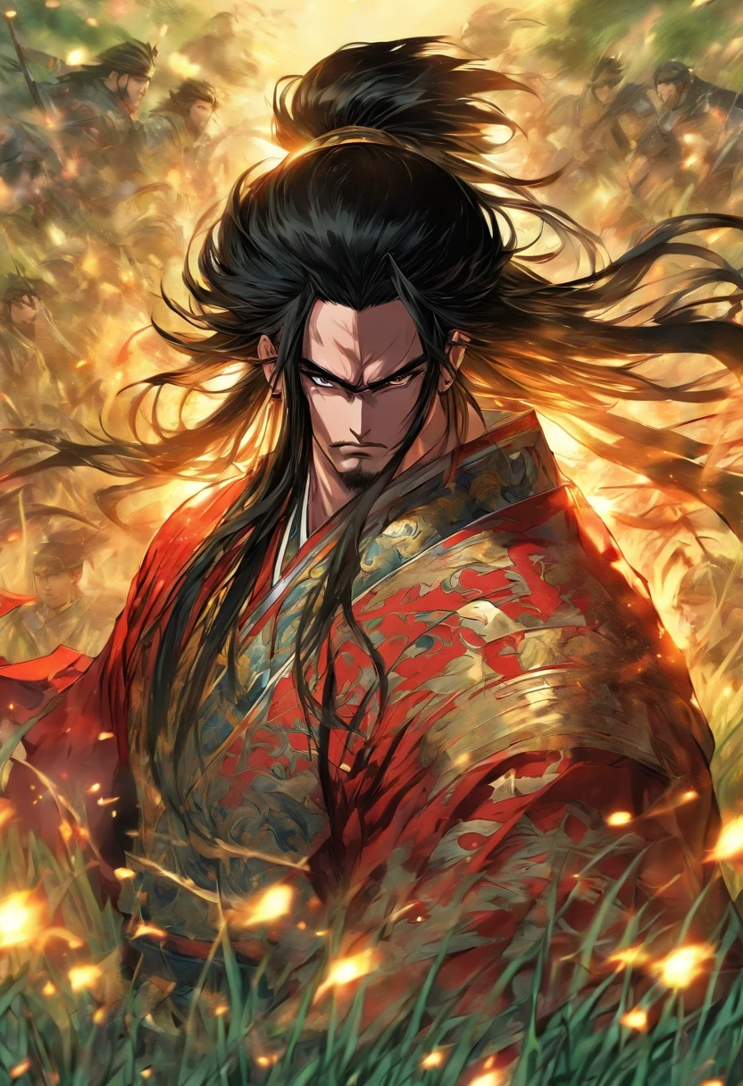Male general, Long black hair, Black eyes, Pale skin, Handsome, standing in grassy field, Cut off every head he sees, Ancient Chinese wars, Anime manga style