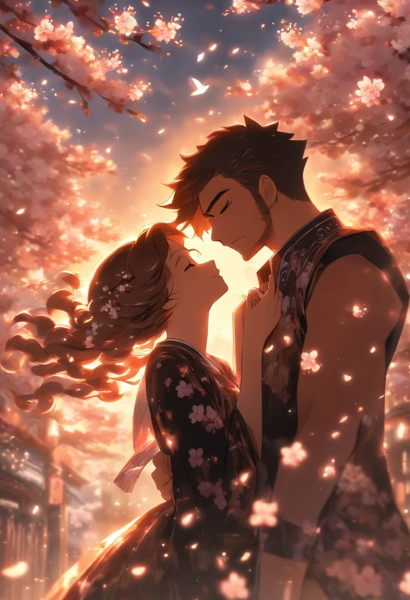 dramatic lighting, couple kissing, brown haired couple, man with buzz cut, woman with long hair, eyes closed, woman wearing flowy dress, cherry blossoms flying, windy, man in black vest with white shirt underneath