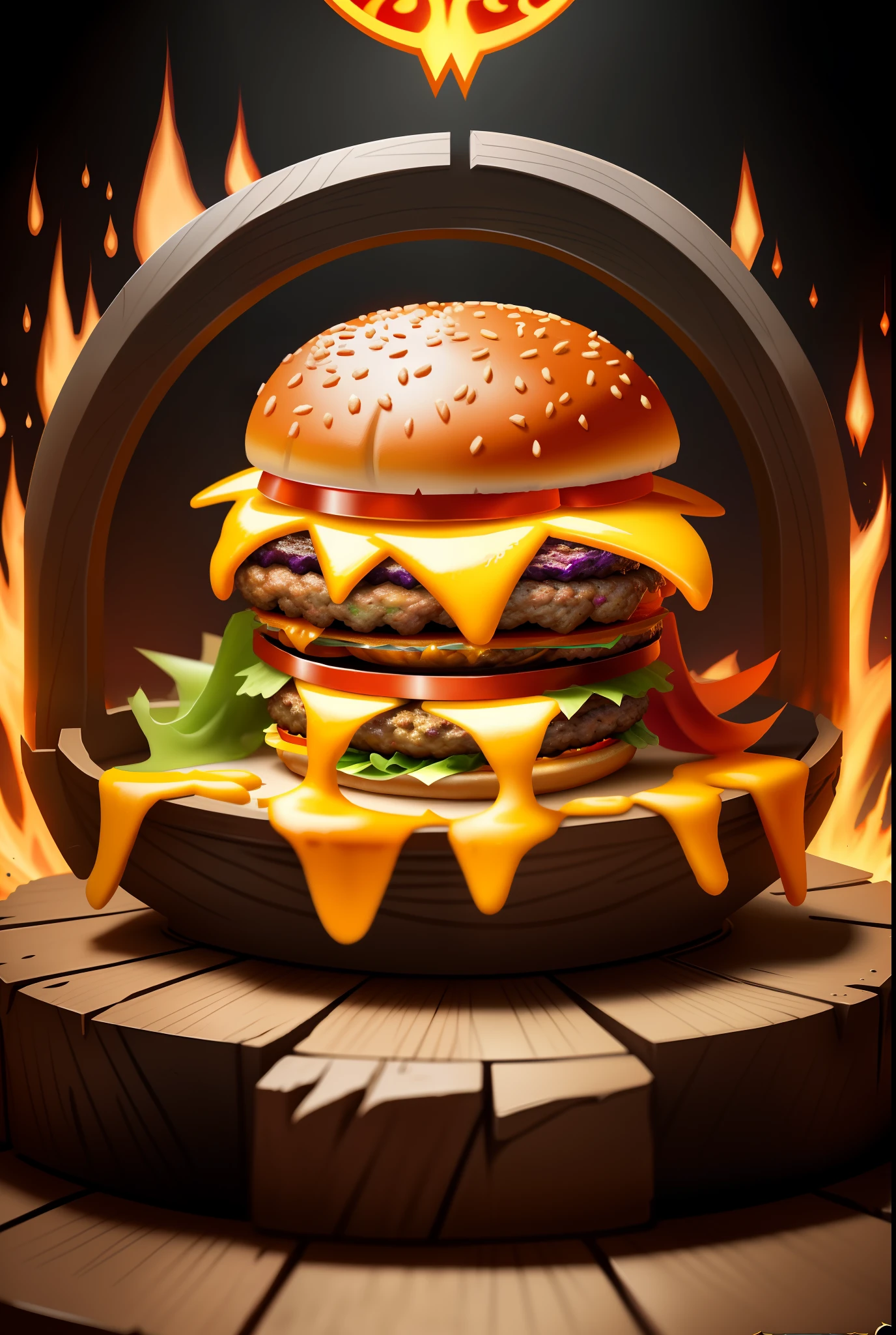 Burger Throne，There is a close-up of a burger on the throne of flame, fantasy food, hearthstone card artwork, hearthstone weapon art, Hearthstone card art, Fantasy Hearthstone art style, Official Splash Art, deathburger, Hearthstone card game artwork. ”, full art, epic fantasty card game art, shadowverse style, Burger monster, as seen on artstation, Fantasy art Behance