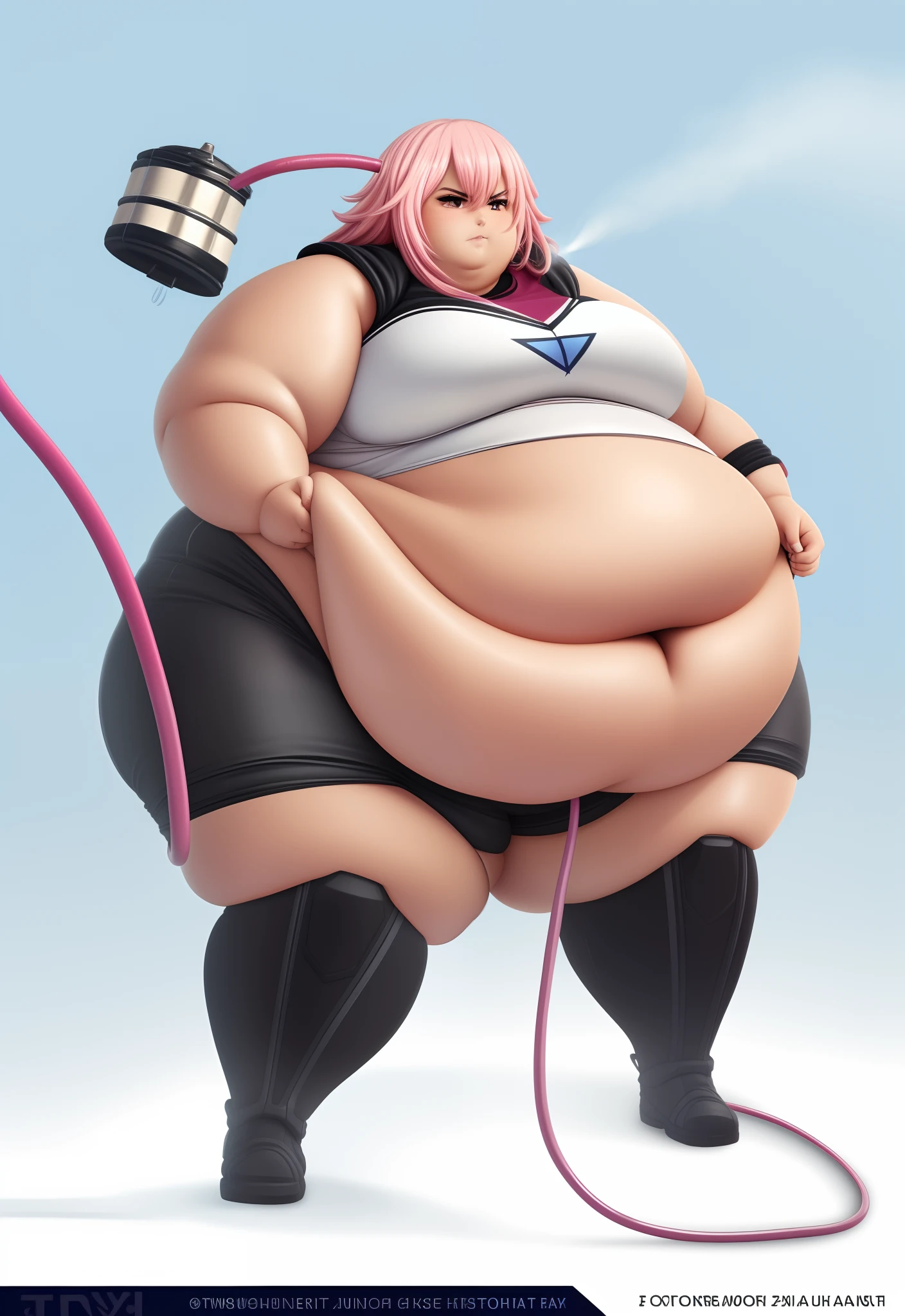 a anime styled image of a fat man with a large white cybernetic Hammer in his hand, he has a jiggly fat round belly,( belly_bigger_than_body), thicc, big belly, belly_on_ground, body swelling about to explode, belly exposed, thicc build, fatbody, fat belly,(( gigantic_hips)) ,(( large fat Thighs, large Fat round but))t , (Short build), ((White hair with Blue and Pink Streaks)) androgynous, plump , Femboy , Messy hair, SFW, High quality, expression( annoyed and Angered) pose(hose_in_mouth),((High quality, masterpiece High aesthetic)),nepOutfit, Underwear