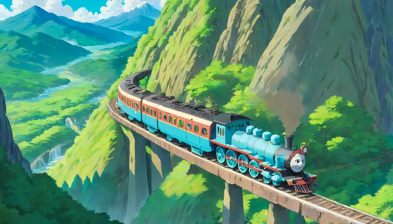 The train travels through the winding mountains