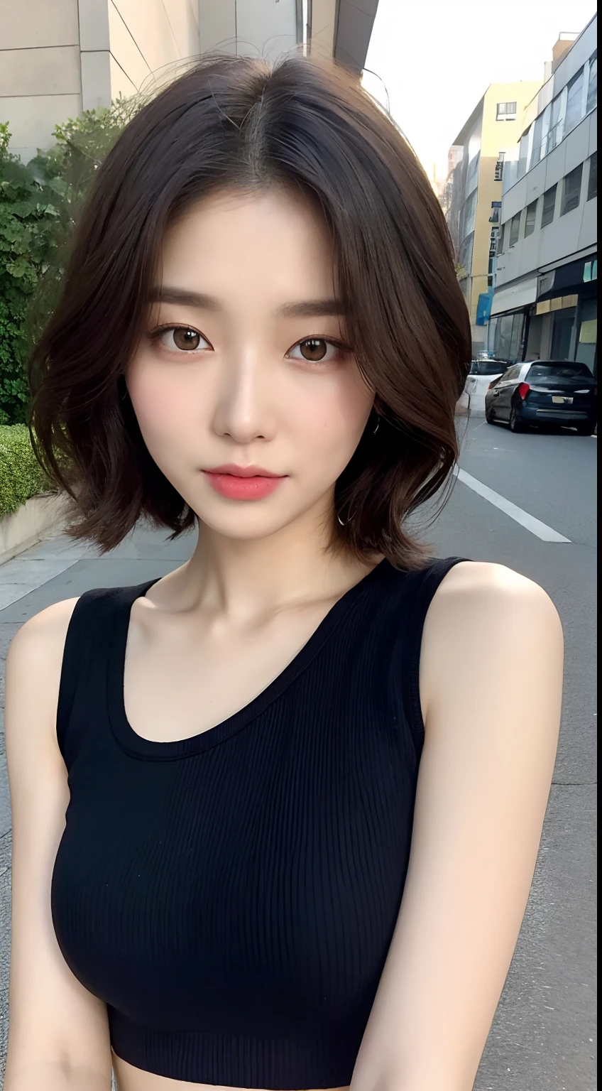 (1 Korean star with royal sister style), ((best quality, 8k, masterpiece: 1.3)), (slender body: 1.3), focus: 1.2, perfect body beauty: 1.4, (smile), (street: 1.3), highly detailed face and skin texture, fine eyes, double eyelids, whitening skin, (short hair, air bangs: 1.3), (round face: 1.5), (little black dress: 1.4),