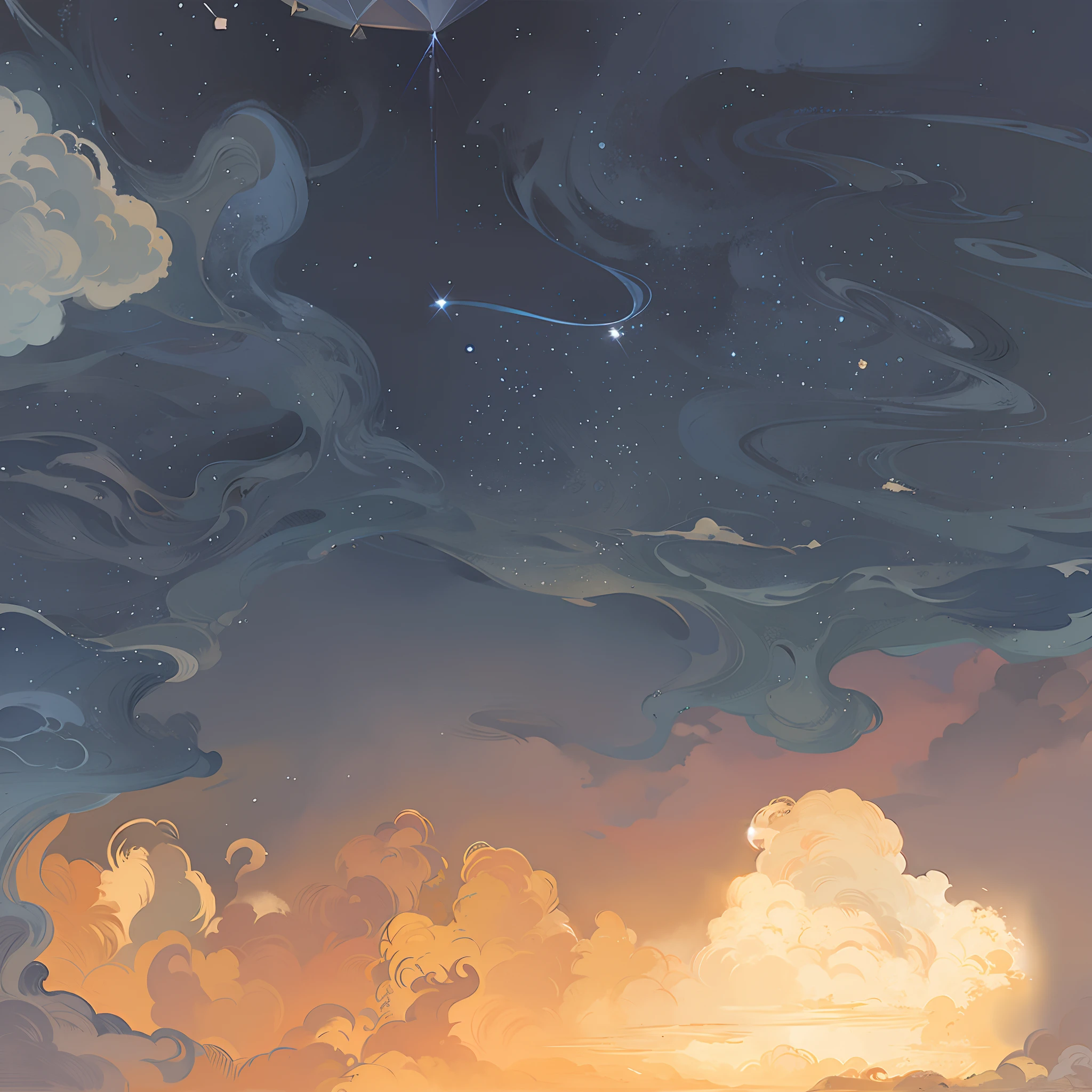 There is a painting，The painting is of a man riding a horse in the sky, Cosmos Sky. By Makoto Shinkai, inspired by Tosa Mitsuoki, an illustration of inspired by Victo Ngai, A beautiful artwork illustration, calm evening. Digital illustration, brittney lee, dreamlike illustration, Star(sky) Starry_sky, sky, Detailed sky, sitting on the cosmic cloudscape