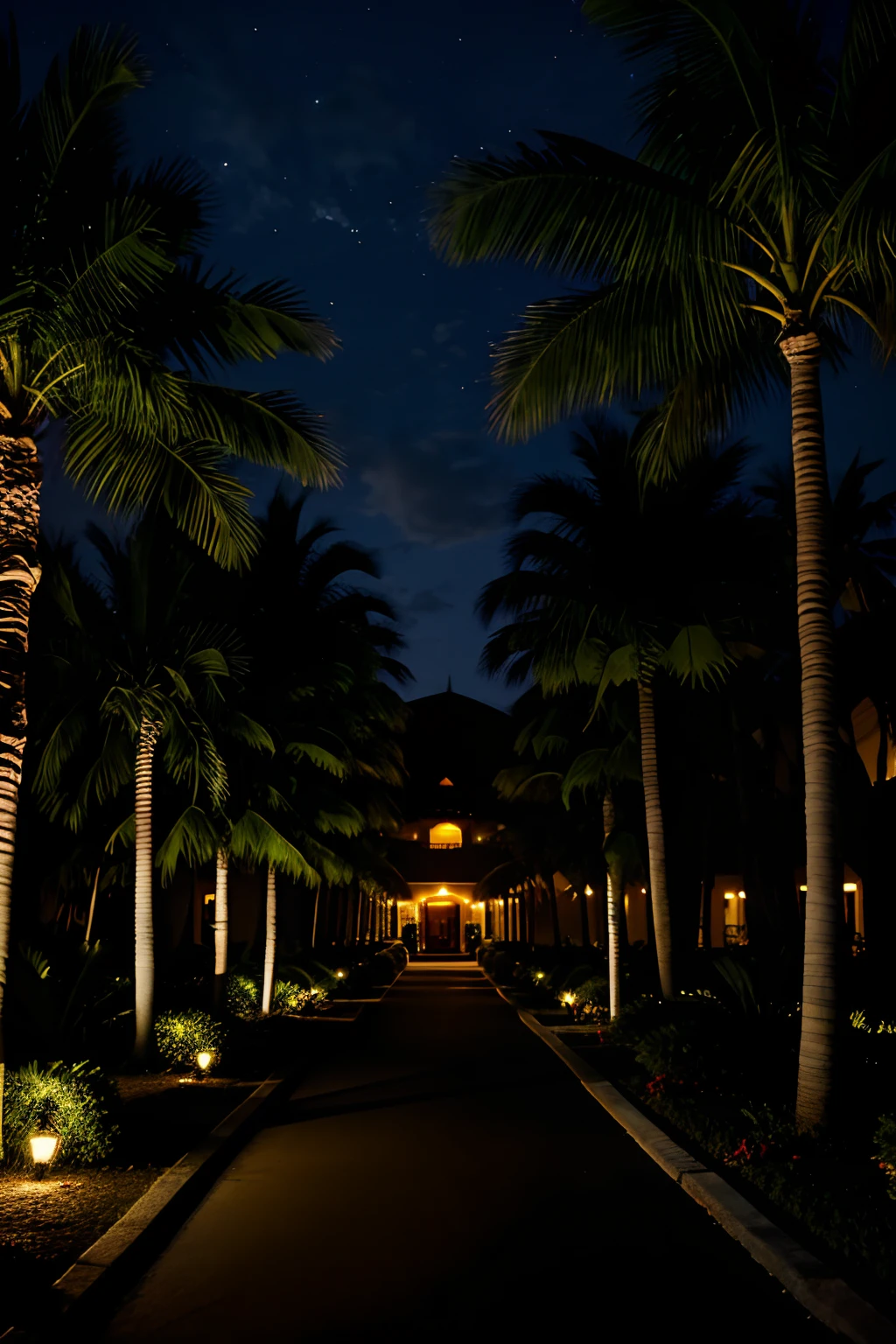 the night, Dark path among palm trees and bushes, Territory of the hotel