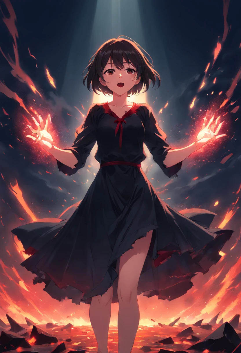dramatic lighting, vampire, woman, crying blood, sad woman, hands extended out, black dress, torn dress, dark background, embers flying, long nails, black nails, woman screaming, fangs with blood on them
