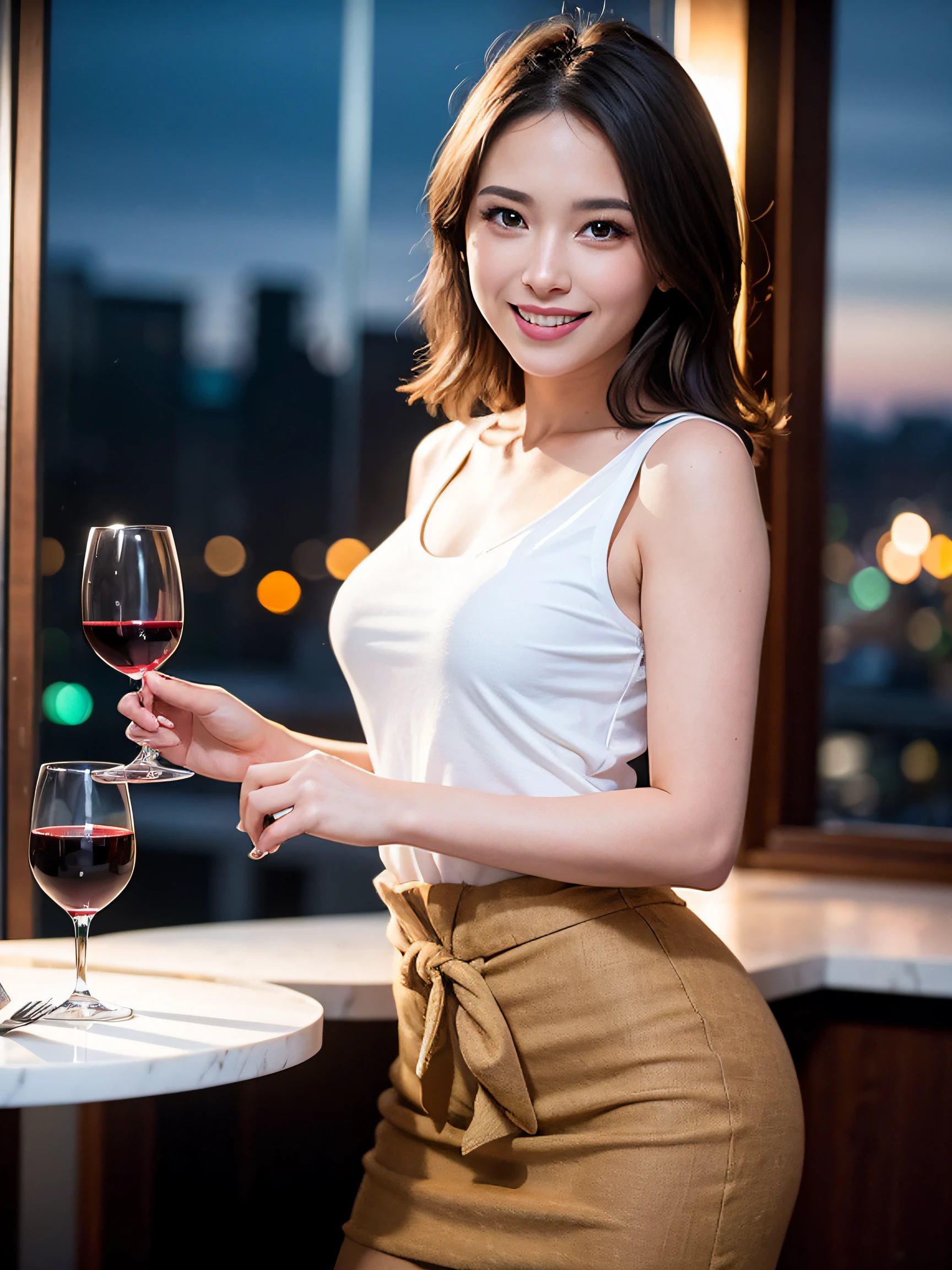 (64K, UHD, top quality, masterpiece: 1.2), (realistic, photorealistic: 1.37), super detailed, pretty woman 1 person, (slim face), (slim body), (brown hair), (short cut), cheeks slightly blushing, (44 years old), 38 years old, solo, beautiful detailed urban night view outside the window, restaurant, wine glasses sit, at night, in a prominent placeNovaFrogStyle, Actress, Model, Waist Up, White Wine, Slim, Wine Glass, Super Clean Night View, Wine Glass Put in the Middle, Happy Smile, (Smile: 1.15), Beautiful Fine Eyes, Upper Body, Bust Japan Up, Night, Short, Short, Actress, Model, Waist Up, White Wine, Slim, Wine Glass, Super Clean Night View, Wine Glass Put in the Middle, Happy Smile,