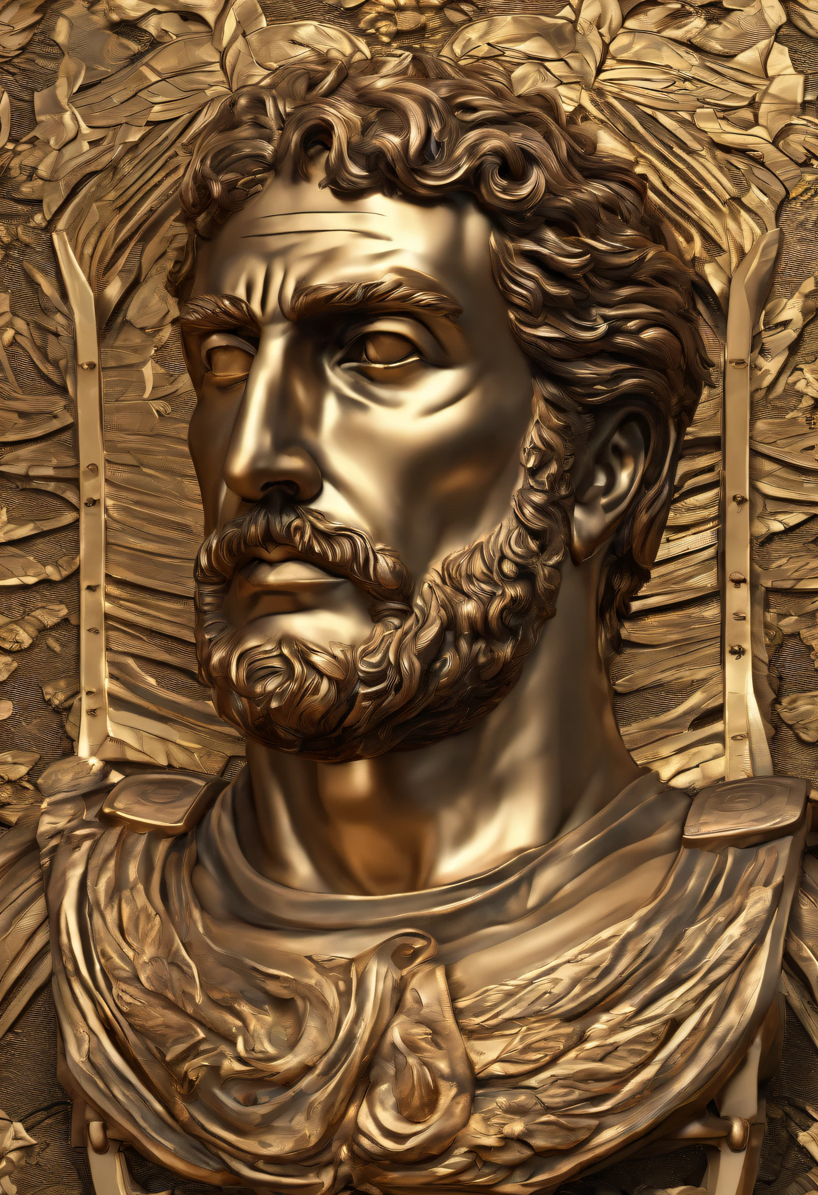 Stock stoic Sparta,This is the historical position of Greece,Muscular 8K movie profile with Hercules style and dark background,Gold texture