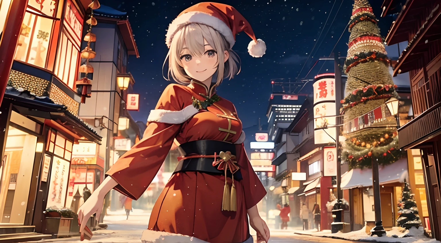 Japan Anime Style, Christmas Night City, Original Chinese costume in the style of Santa Claus, Christmas tree on background, Dark hair, Smiled expression、It's snowing