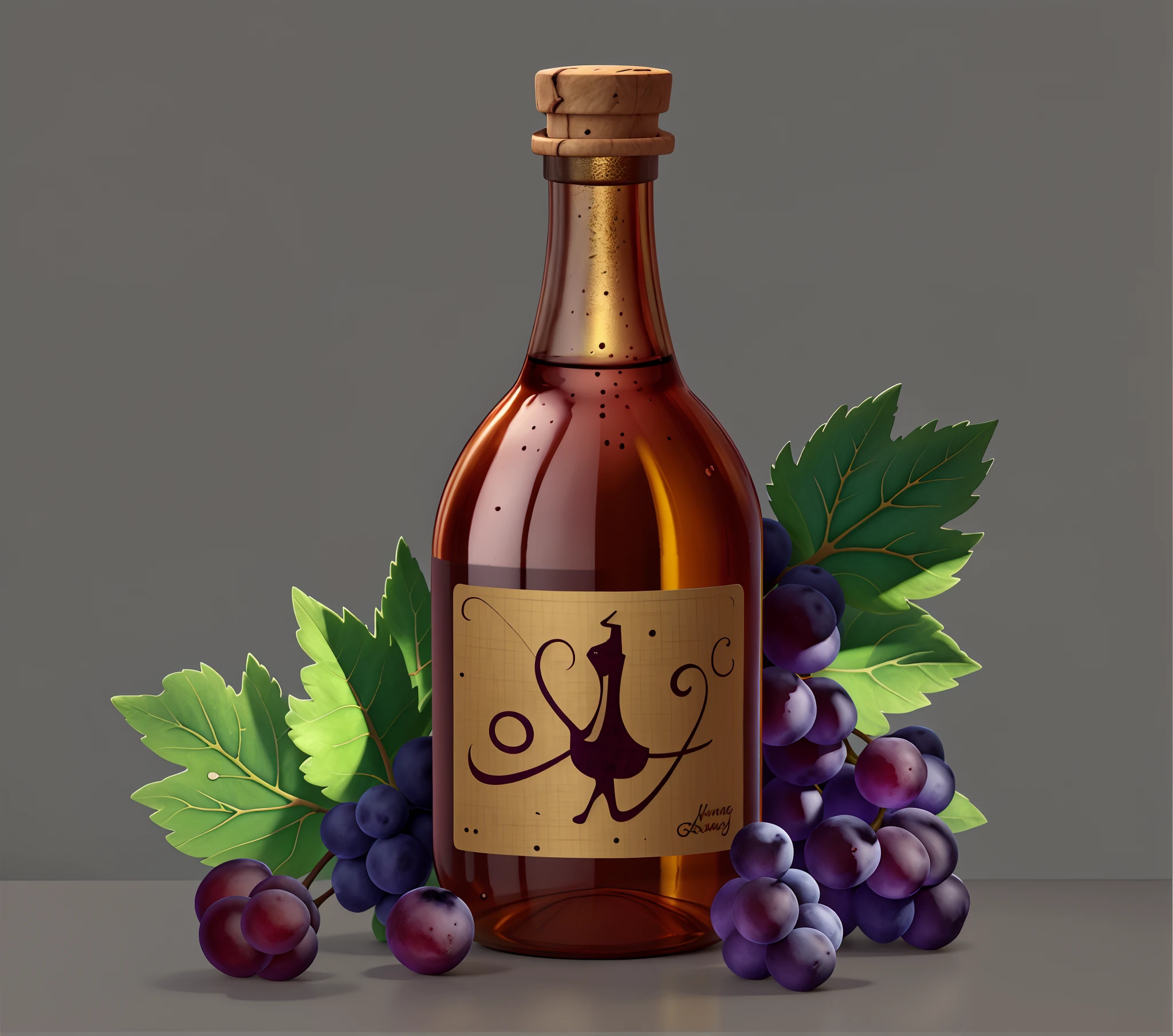 There was a bottle of wine on the table,There are grapes and leaves inside, bottle of wine, with a bottle of wine, Wine bottles, Wine, wine label, grapes, fancy whiskey bottle, high quality illustration, Stylized digital illustration, high detail illustration, white wine bottle, Bottle, Highly detailed illustration.”, Highly detailed illustration, photorealistic illustration, rendered illustration