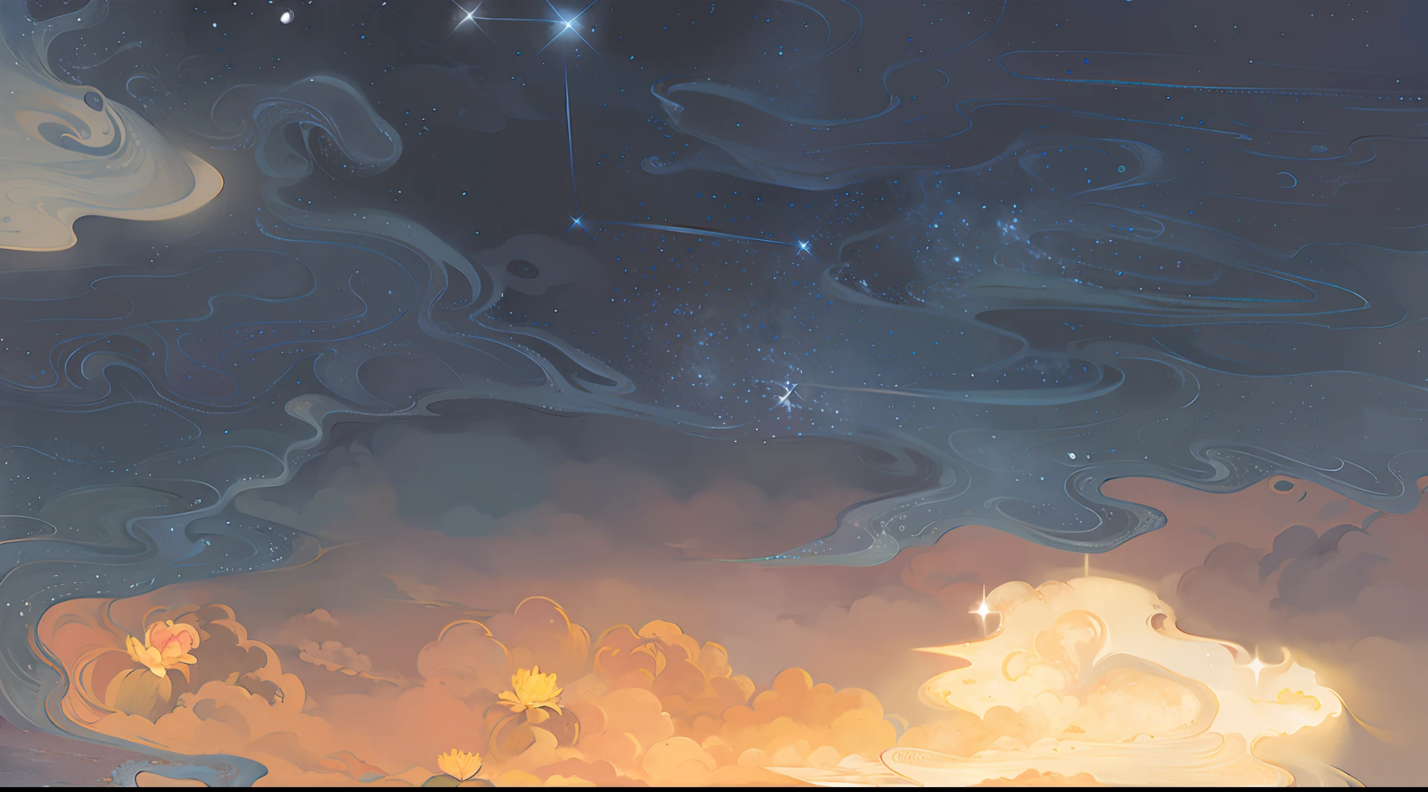 There is a painting,This painting,Cosmos Sky. By Makoto Shinkai, inspired by Tosa Mitsuoki, an illustration of inspired by Victo Ngai, A beautiful artwork illustration, calm evening. Digital illustration, brittney lee, dreamlike illustration, Star(sky) Starry_sky, sky, Detailed sky, sitting on the cosmic cloudscape,Tanabata,There is a bridge,There are many petals next to it