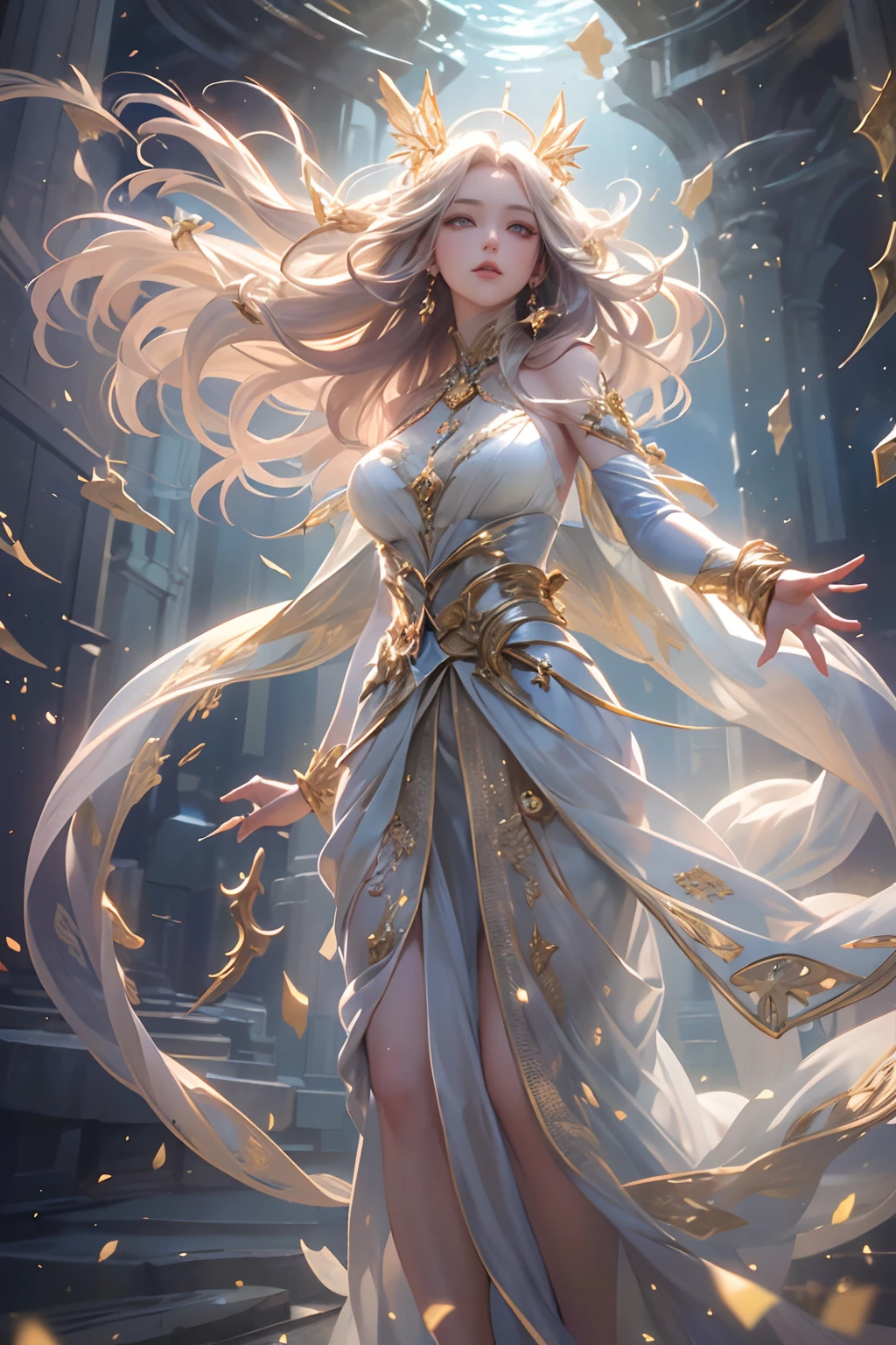 "(Masterpiece, Top Quality: 1.2), Official Art, Goddess of the Winds, Cascading Long Flowing Hair, Gracefully Suspended in Mid-Air, Attired in Silken Robes that Billow with the Gentle Zephyrs, Eyes (Eyes of Aeolus: 1.3), Crown Embellished with Whirling Breezes, (Ethereal White Hues: 1.1), (Realistic Lighting Effects, Digital Image Transformation: 1.5), (Wind Sorcery, Mastery of the Air: 1.4), Capturing the Enchantment of Fantasy."