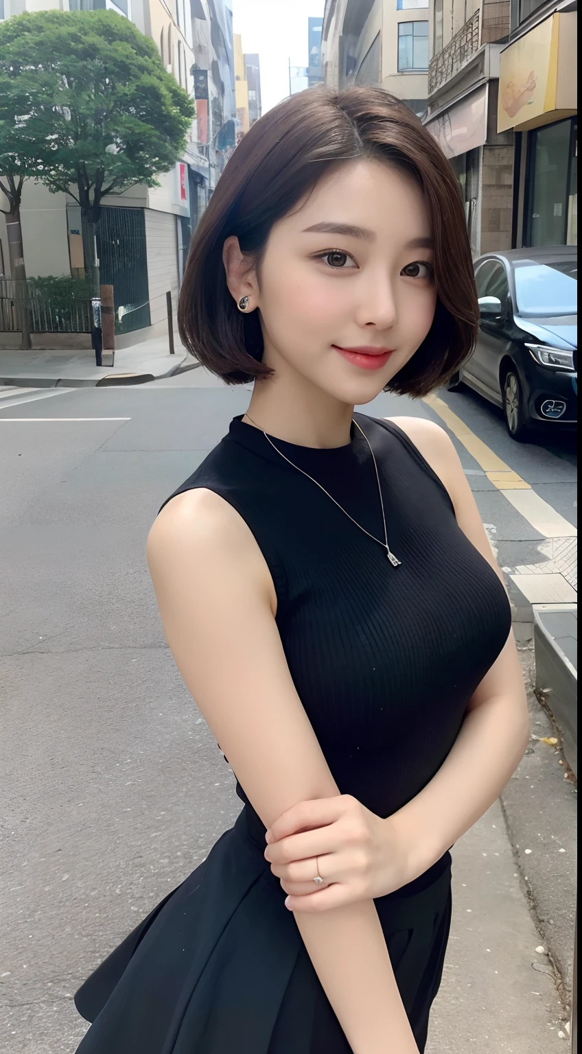 ((best qualtiy,8K,tmasterpiece:1.3)),Perfect beauty:1.4,glute:1.2,(Layered Hair Style:1.2)),(the street:1.3),Highly Detailed Face and Skin Textur,full bodyesbian,Elaborate Eyes,二重まぶた,Whitens the skin,Short wave hair,Cute Korean beauty(with a round face:1.5),(Black top,short skirt:1.6)ssmile