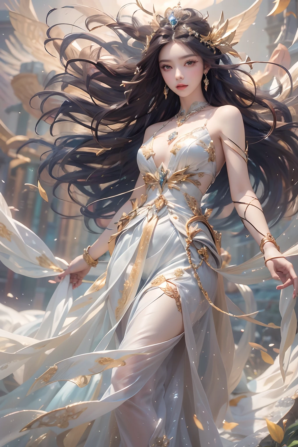A beautiful woman with perfect features stands near perfection, her shapeless long hair cascading down in intricate waves, adorned in a Rococo style evening dress. The ethereal background radiates abstract beauty, with intricate details that align with the Golden Ratio. The minimalist design, though unfinished, showcases a concept art piece by Brian Froud, Carne Griffiths, and Wadim Kashin. The high-resolution image, rendered in 8k post-production, exhibits every detail with pinpoint sharp focus and superb intricacy. Studio photos reveal the perfect form of the woman, with her skin displaying intricate textures that seem to shimmer under the