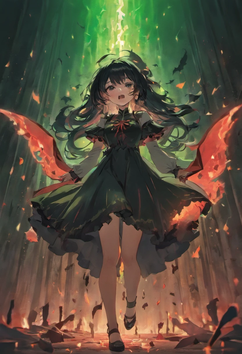 woman crying, long black hair, vampire, fangs, blood on face, dark torn dress, embers flying, dramatic dark lighting, green vine shoes