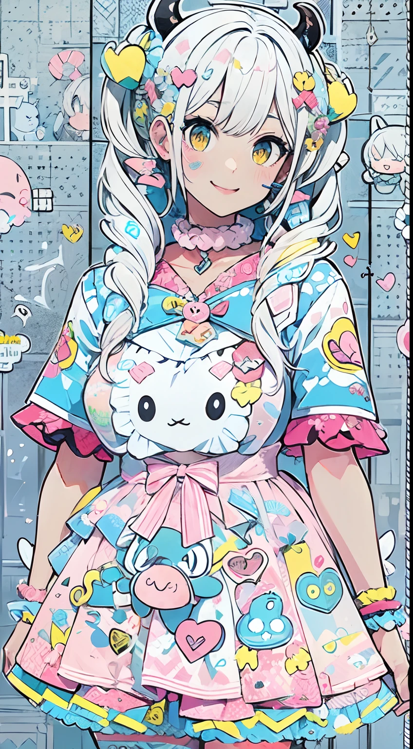 grayscales、grayscales、"kawaii, Cute, Adorable Lady in Pink, yellow, and blue color scheme. She wears sky-themed clothing with clouds and sky motifs. Her outfit is fluffy and soft, With decora accessories like hair clips. She embodies a vibrant and trendy Harajuku fashion style." White hair, Red Eyes, Horns, Demon Wings, Colossal tits,Big ass, Big lips, juicy lips, Huge hair, Smile